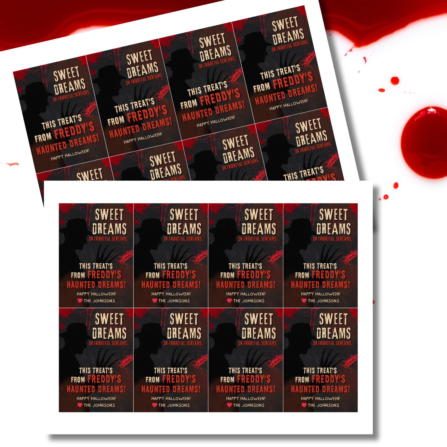 Multiple 'Sweet Dreams' Halloween posters with red and black design on a white background.