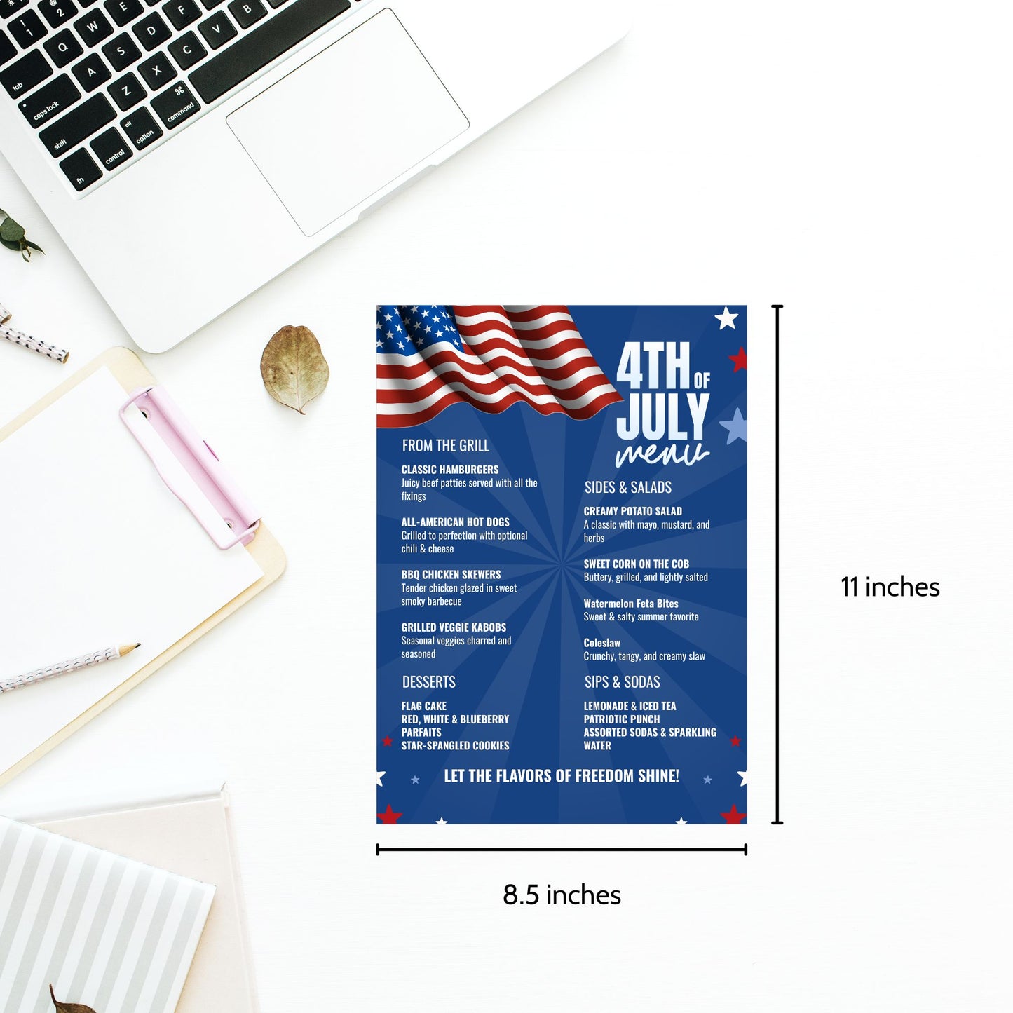 Editable 4th of July BBQ menu with patriotic red, white, and blue theme featuring food sections for grilling, sides, desserts, and drinks – fully customizable in Canva, printable in 8.5x11 format.