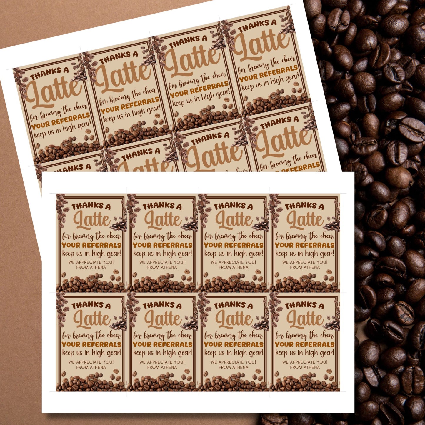 A printable PDF of coffee-themed referral gift tags titled "Thanks a Latte for Brewing the Cheer," customizable through Canva.