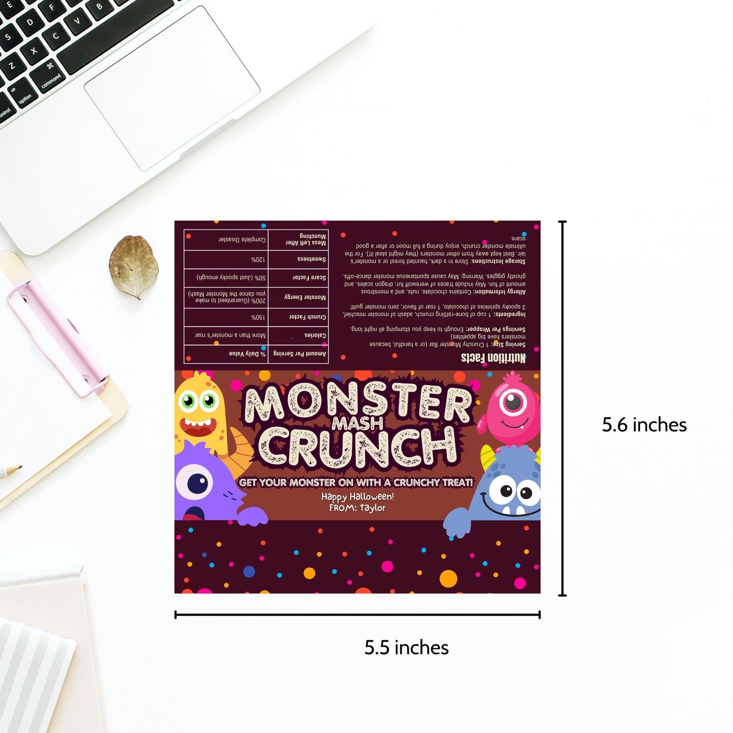 Printable and editable cute monster-themed Halloween chocolate bar wrapper featuring colorful, playful monsters perfect for Halloween parties and trick-or-treating.
