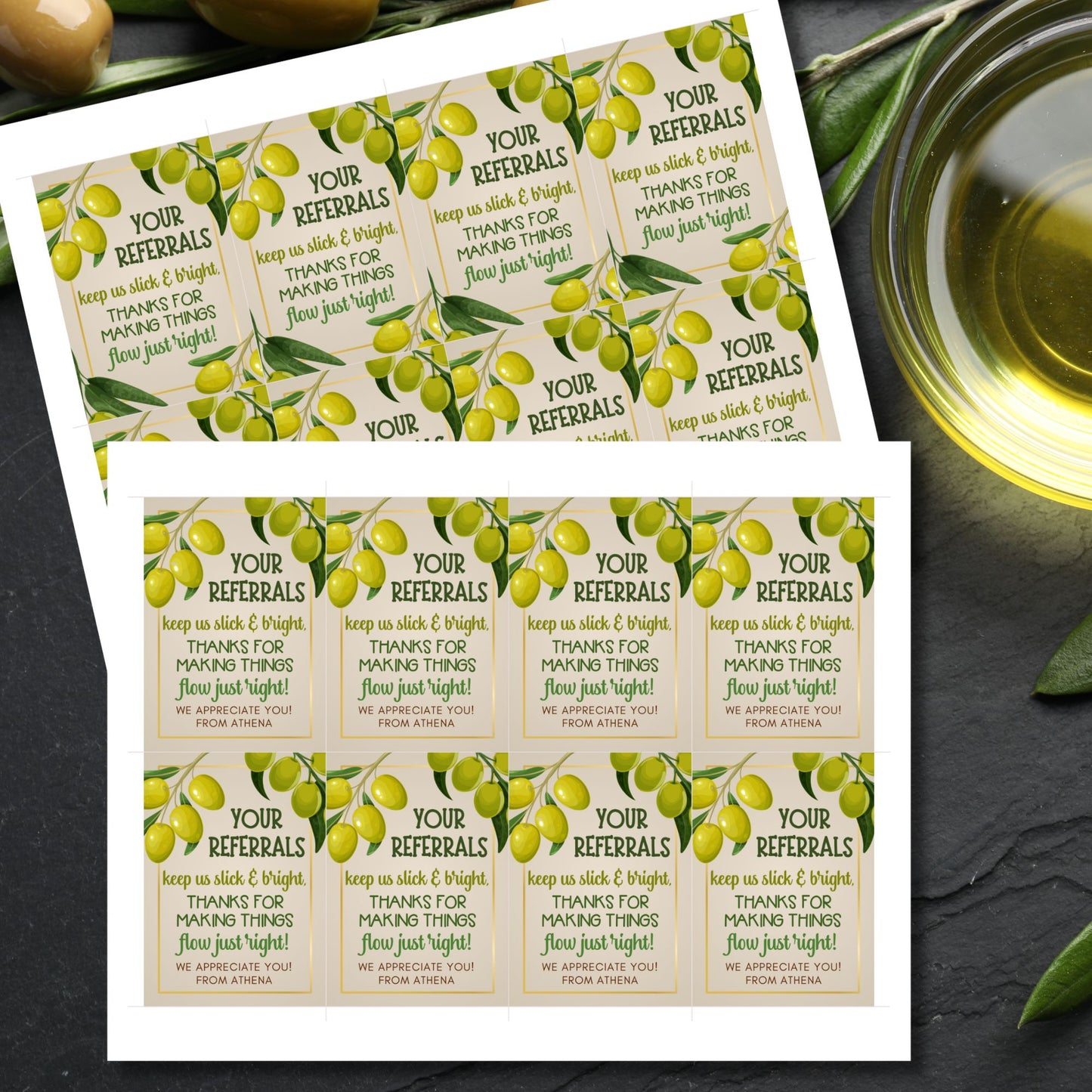A printable PDF of olive oil-themed referral gift tags titled "Your Referrals Keep Us Slick and Bright," customizable in Canva.