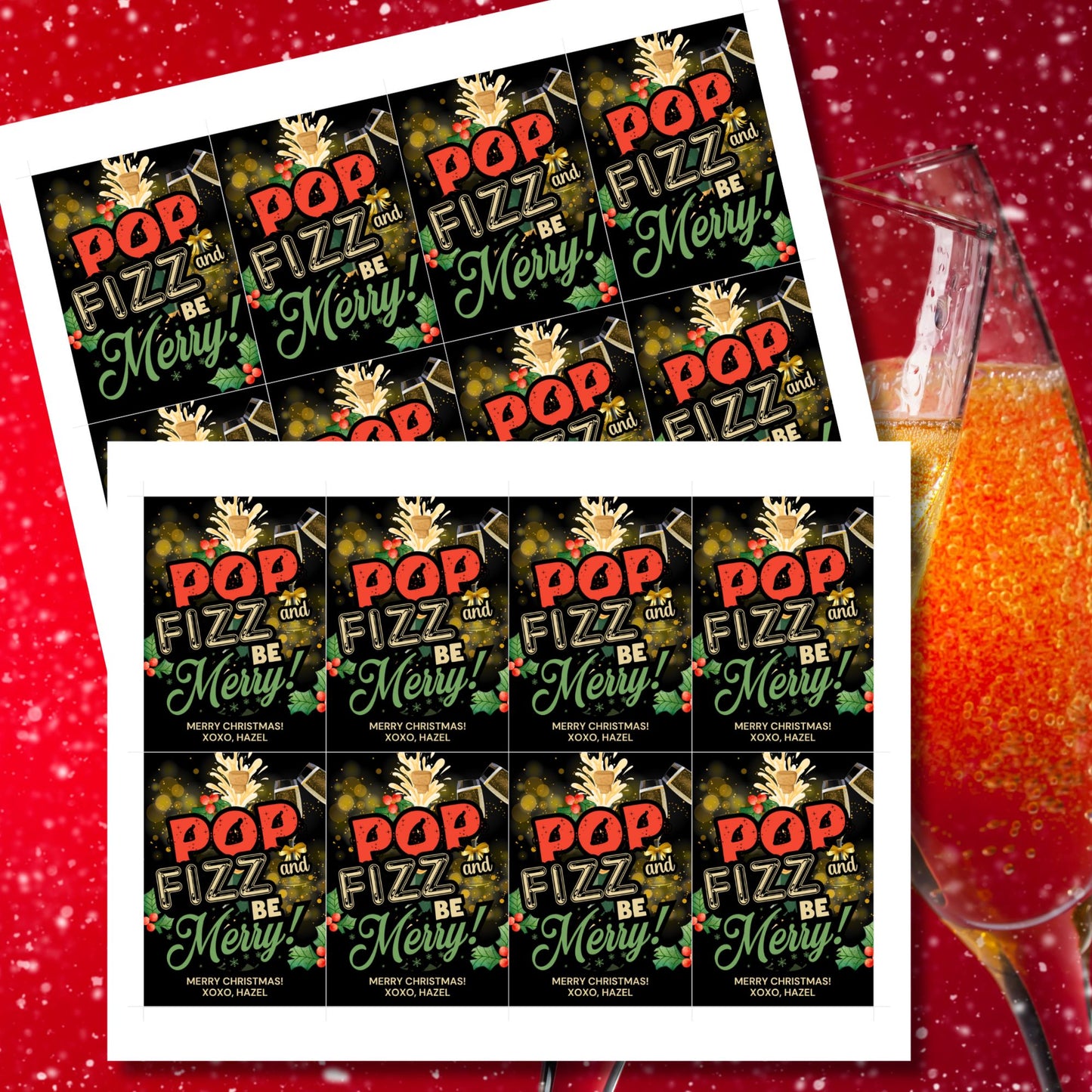 Christmas gift tags with the message "Pop, Fizz, and Be Merry!" featuring champagne glasses, holly, and a festive design, perfect for adding to champagne or sparkling wine gifts. These printable and editable tags are ideal for holiday celebrations.