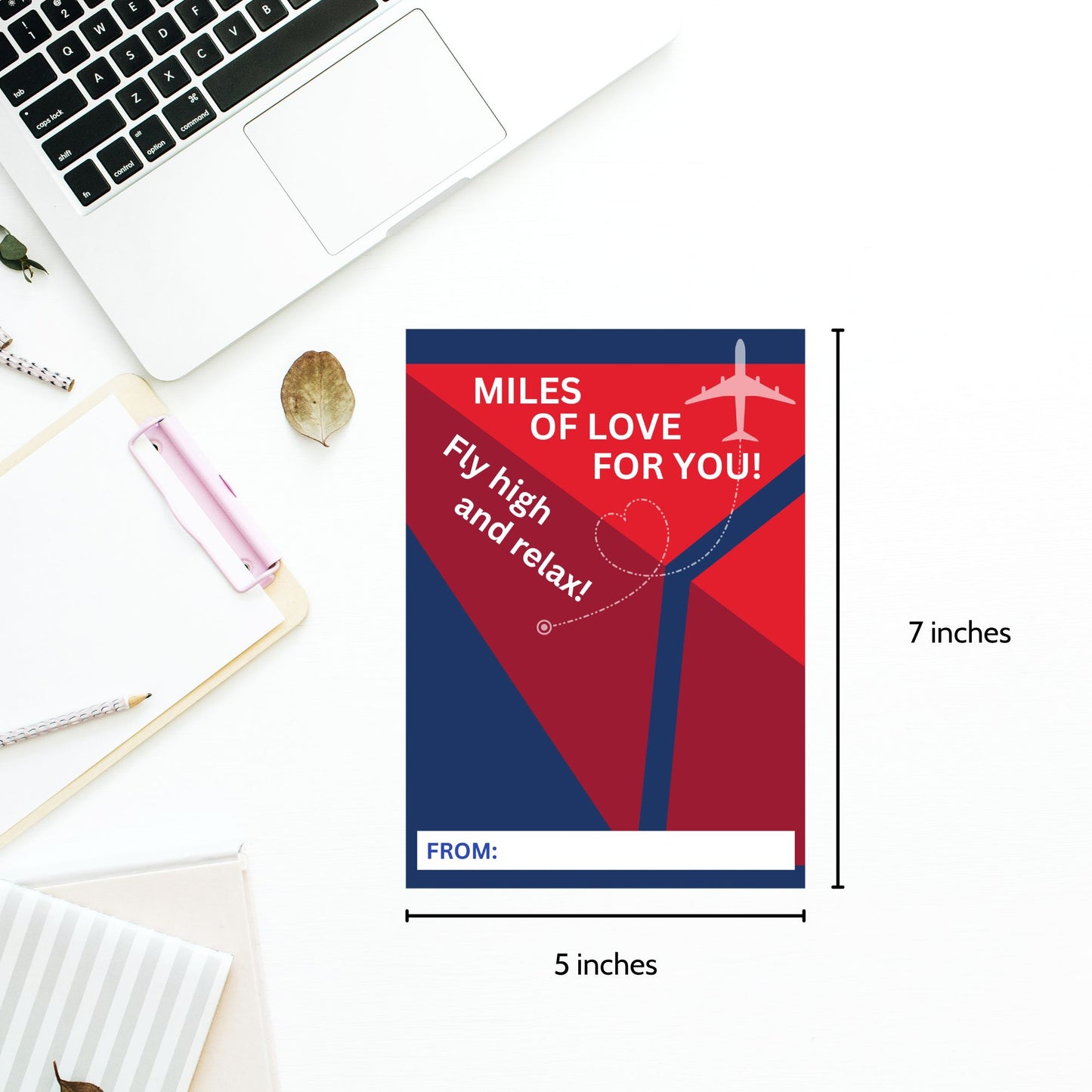 Printable “Miles of Love for You” airline travel-themed gift card holder for Mother’s Day, Father’s Day, or vacation gifts, 5x7 PDF format.
