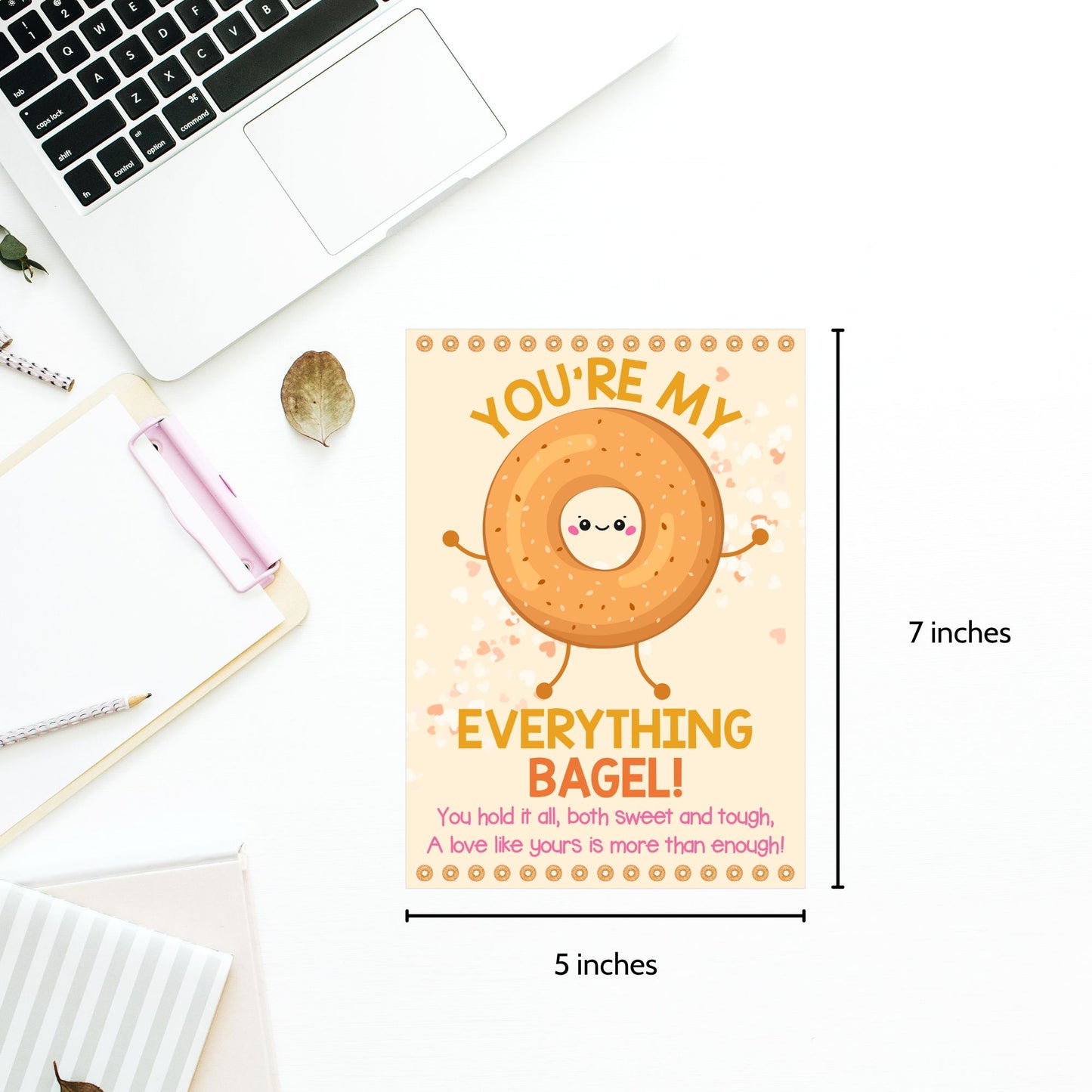 Printable 5x7 Mother’s Day card featuring an everything bagel with the pun “You’re My Everything Bagel,” in a cute illustrated design, available as an instant PDF download.