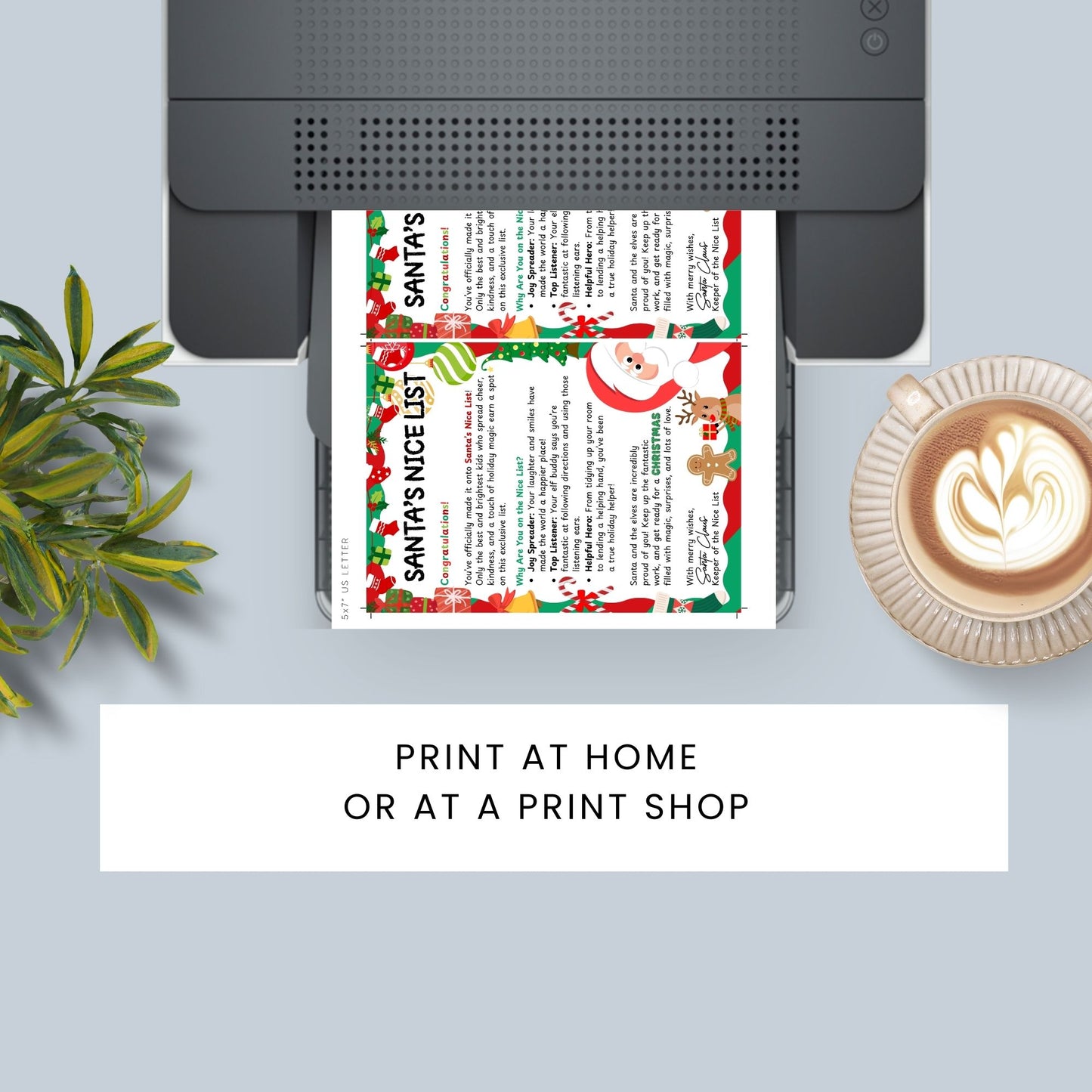A festive Printable Santa’s Nice List card, sized 5x7 inches, featuring cheerful holiday designs and a classic Santa-approved message, perfect for celebrating those who made it to the Nice List this Christmas.