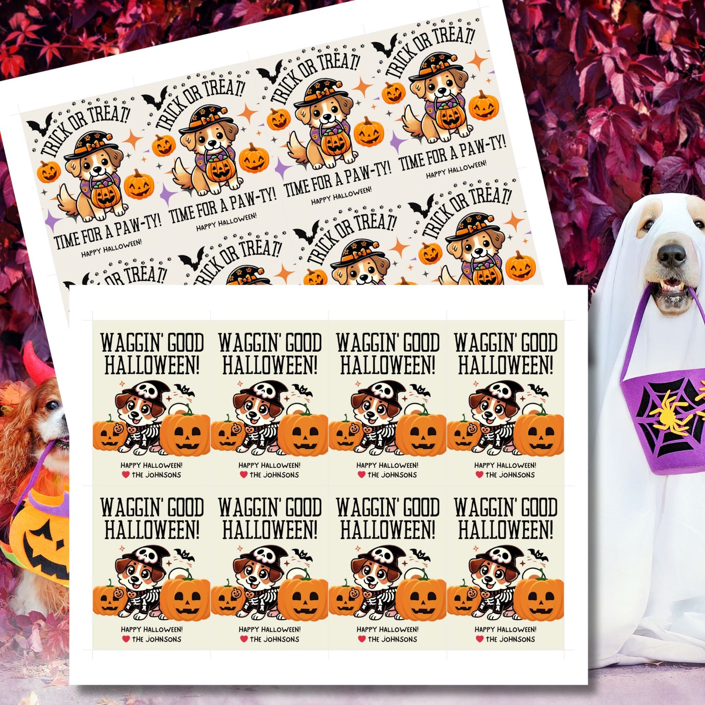 Dog-themed printable Halloween gift tags featuring an adorable dog dressed in a skeleton costume with pumpkins and the message "Waggin' Good Halloween!" Tags are 2.5 x 3.5 inches, laid out 8 per sheet on an 8.5 x 11-inch page. Includes a printable PDF and a PDF with a link to an editable Canva template.