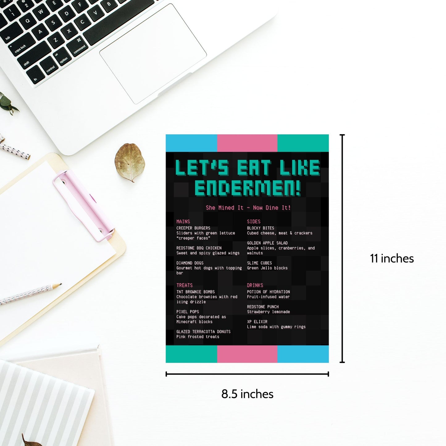 Editable Minecraft-themed menu template titled “Let’s Eat Like Endermen” with customizable tagline and food list. Pixel-style design, Canva editable, 8.5 x 11 inches.