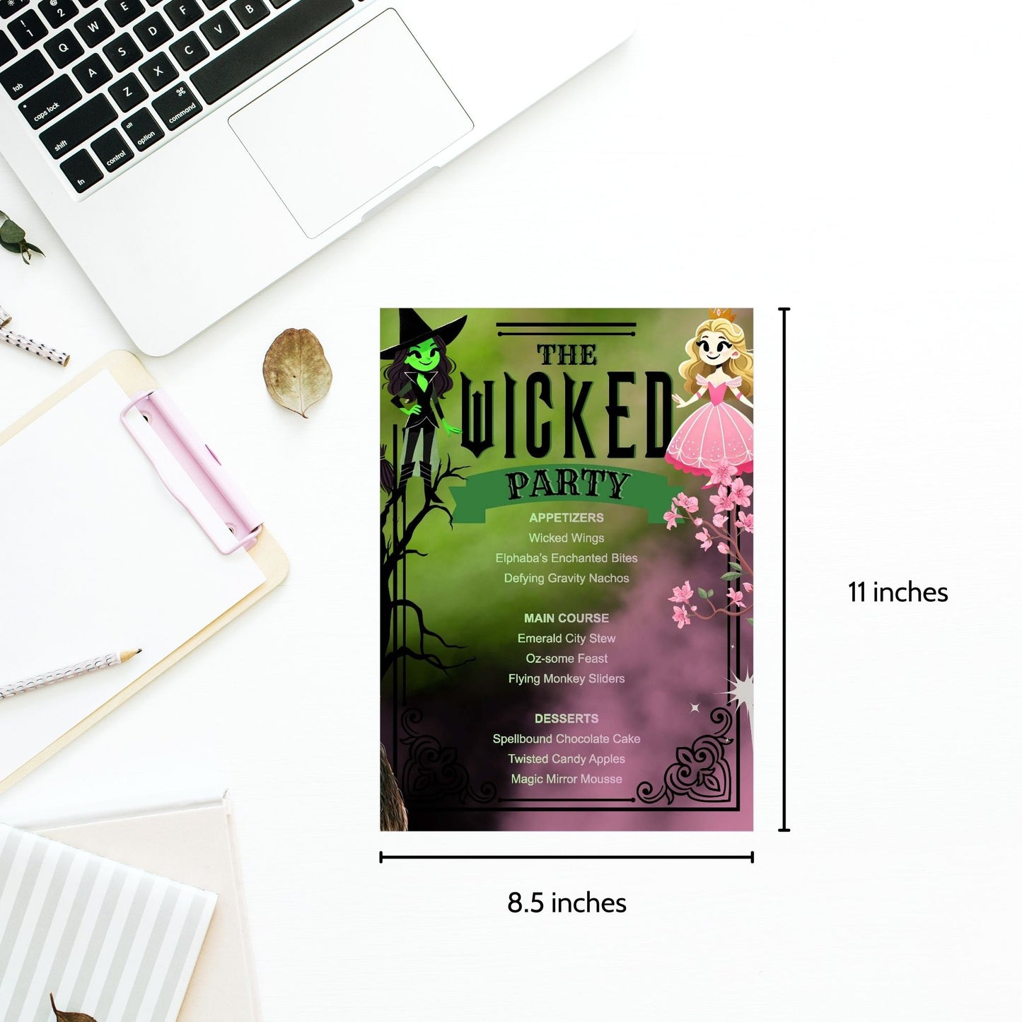 Editable Wicked-themed menu template with character illustrations and dishes like Wicked Wings and Magic Mirror Mousse, perfect for Halloween, fantasy parties, and Wicked musical fans.