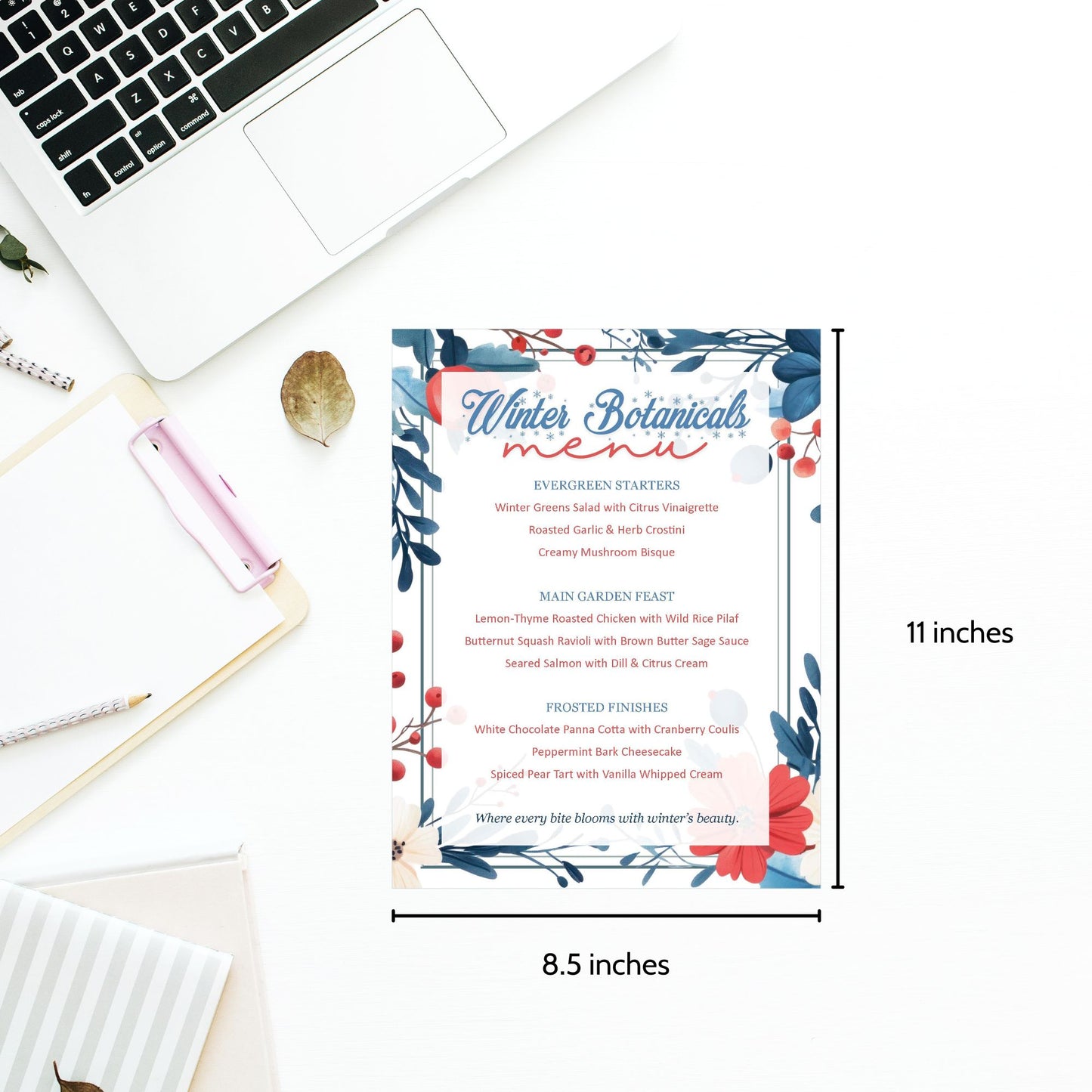 Winter Botanical menu card on a desk with laptop and stationery items