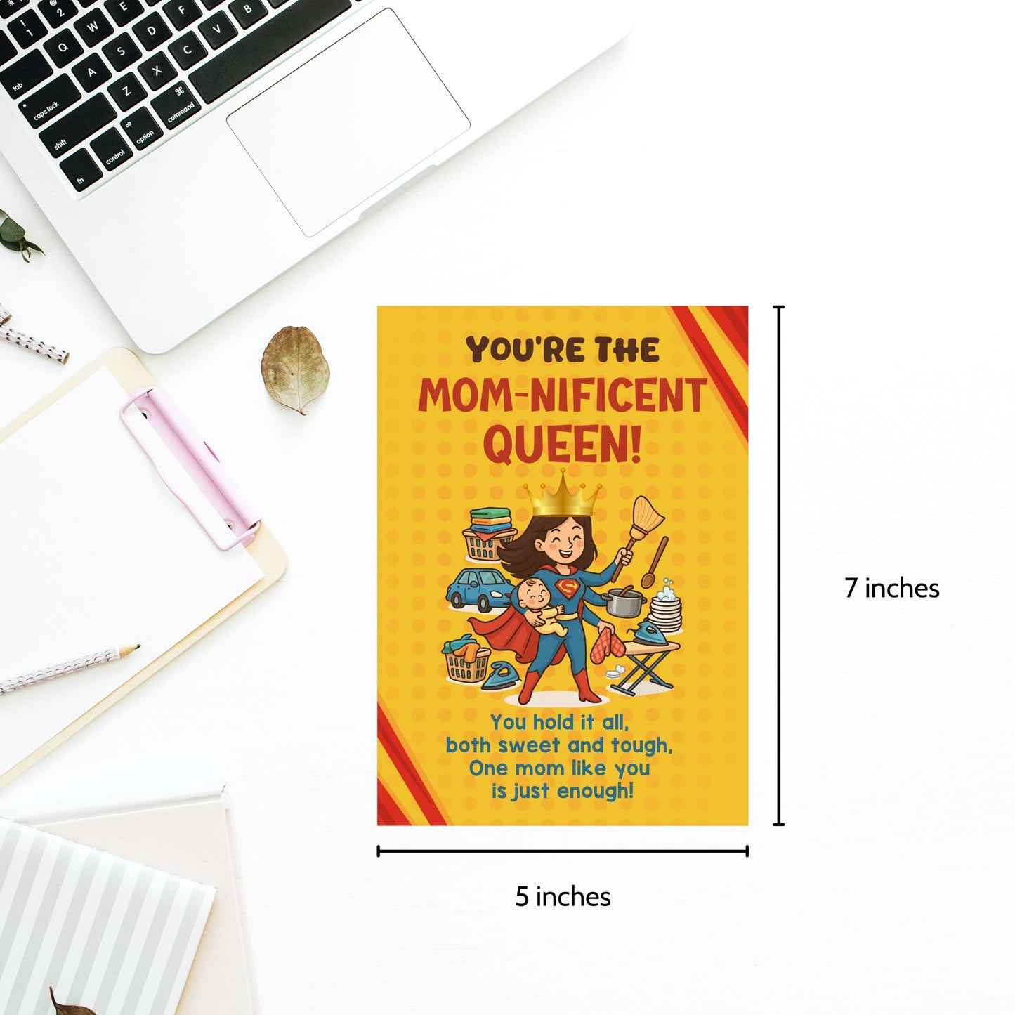 Printable 5x7 Mother’s Day card featuring a cartoon Supermom juggling a baby, cooking, ironing, and housework with a crown and cape, titled “You’re the Momnificent Queen.” Instant download PDF.