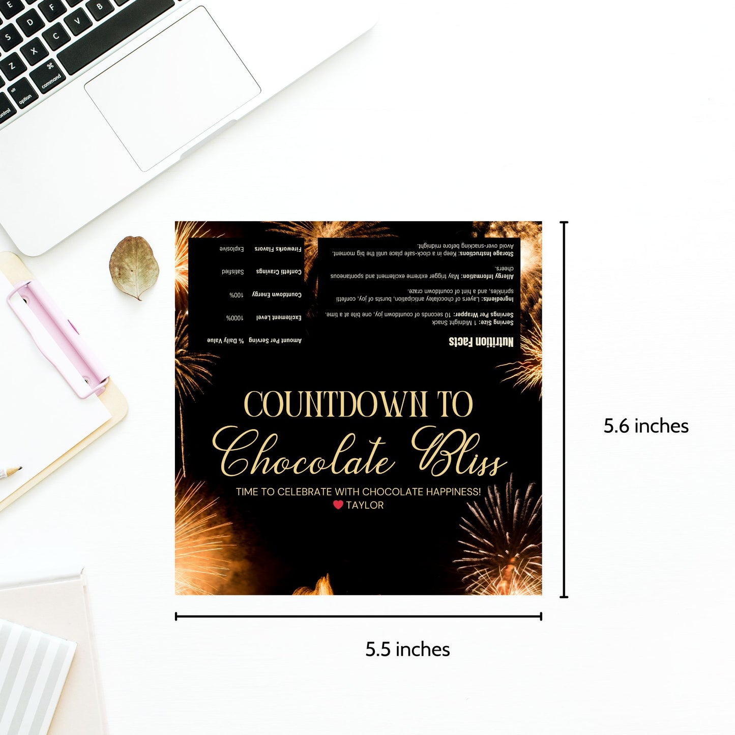 A sleek and colorful New Year chocolate bar wrapper design with editable text, perfect for personalizing New Year party favors and gifts.