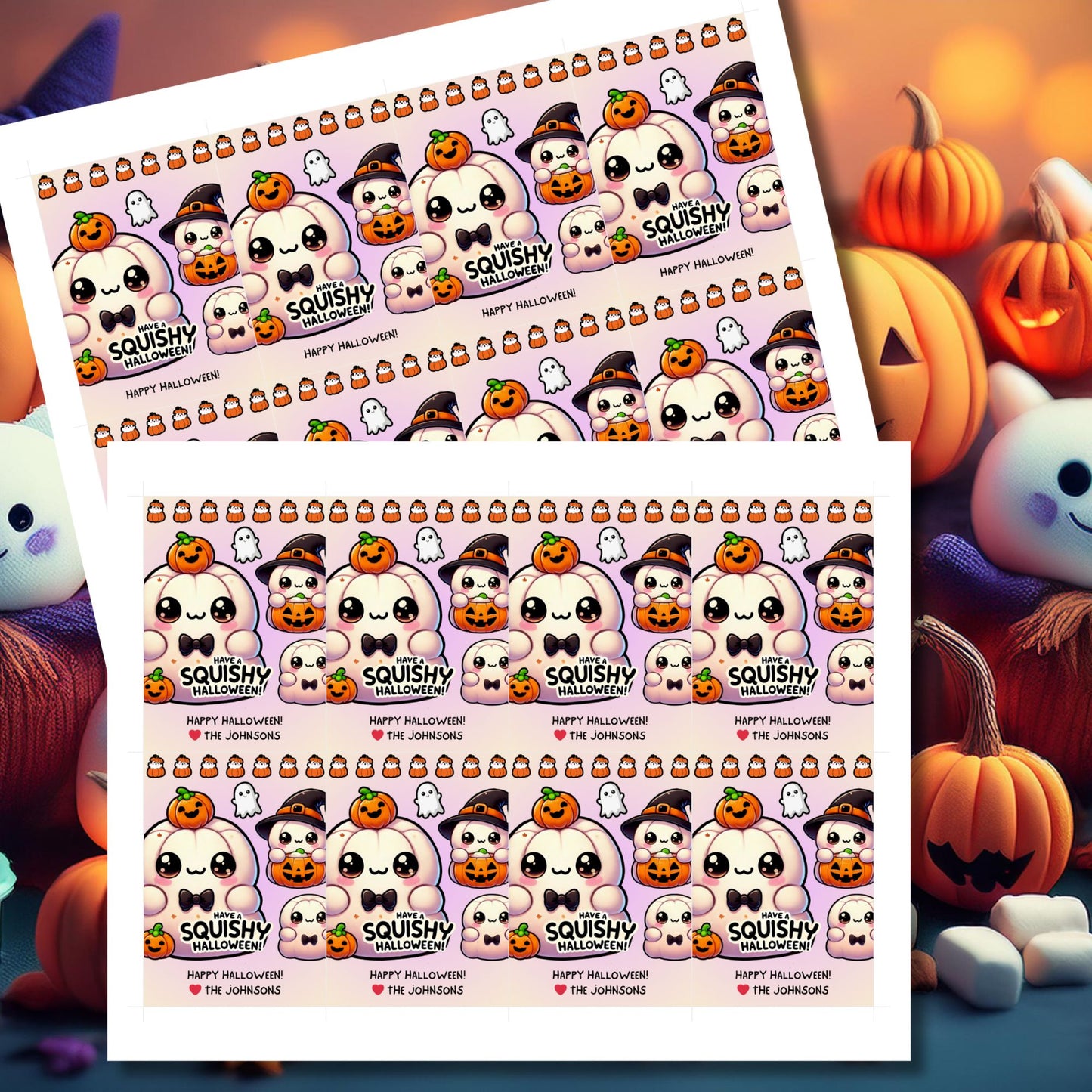 Adorable Halloween-themed printable gift tags featuring cute Squishmallow-style pumpkins and ghosts. The tag reads "Have a Squishy Halloween!" Perfect for Halloween treats, sized 2.5 x 3.5 inches, laid out 8 per sheet. Includes a printable PDF and a link to an editable Canva template.