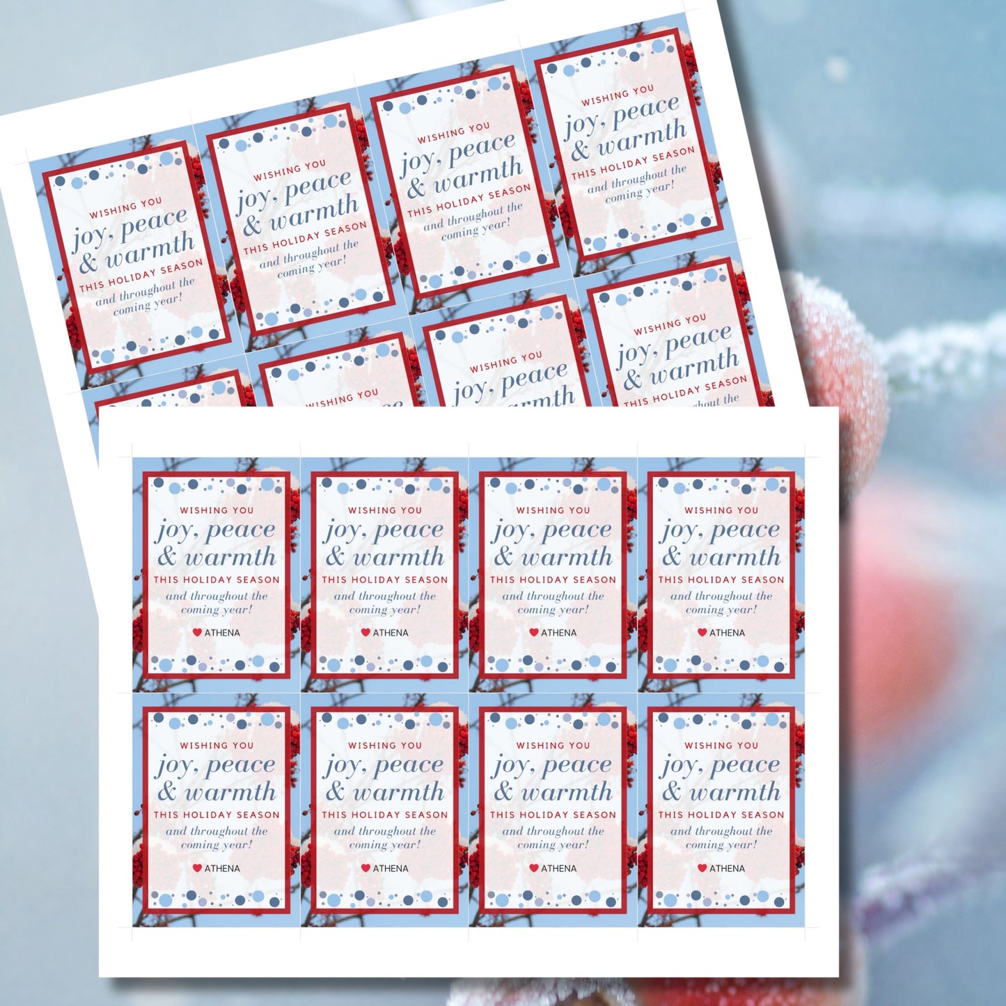 A set of eight printable and editable Christmas gift tags featuring an elegant icy blue and fiery red color palette, designed with a festive message. Each tag measures 2.5 x 3.5 inches, laid out on an 8.5 x 11-inch sheet, perfect for adding a personalized holiday touch.