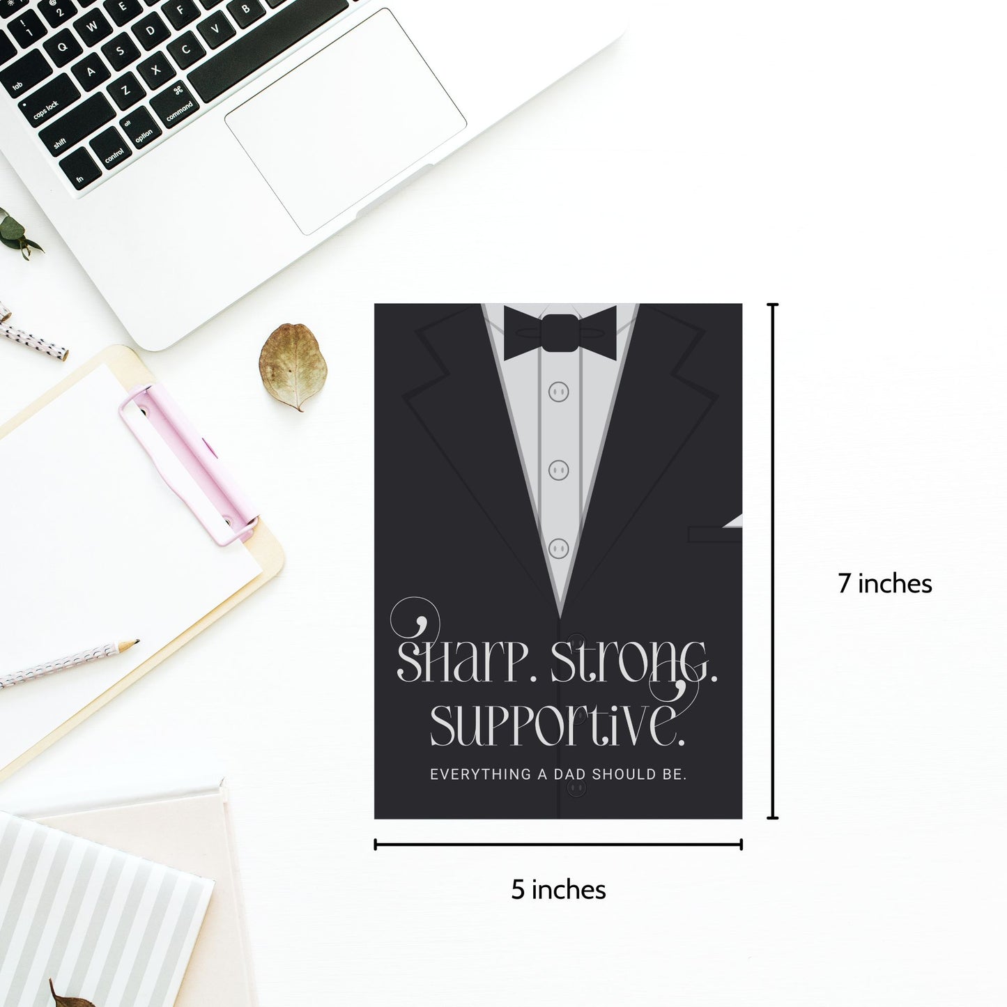 Father's Day card printable with bold text 'Sharp. Strong. Supportive.' featuring a minimalist design of a suit and tie in grayscale tones.