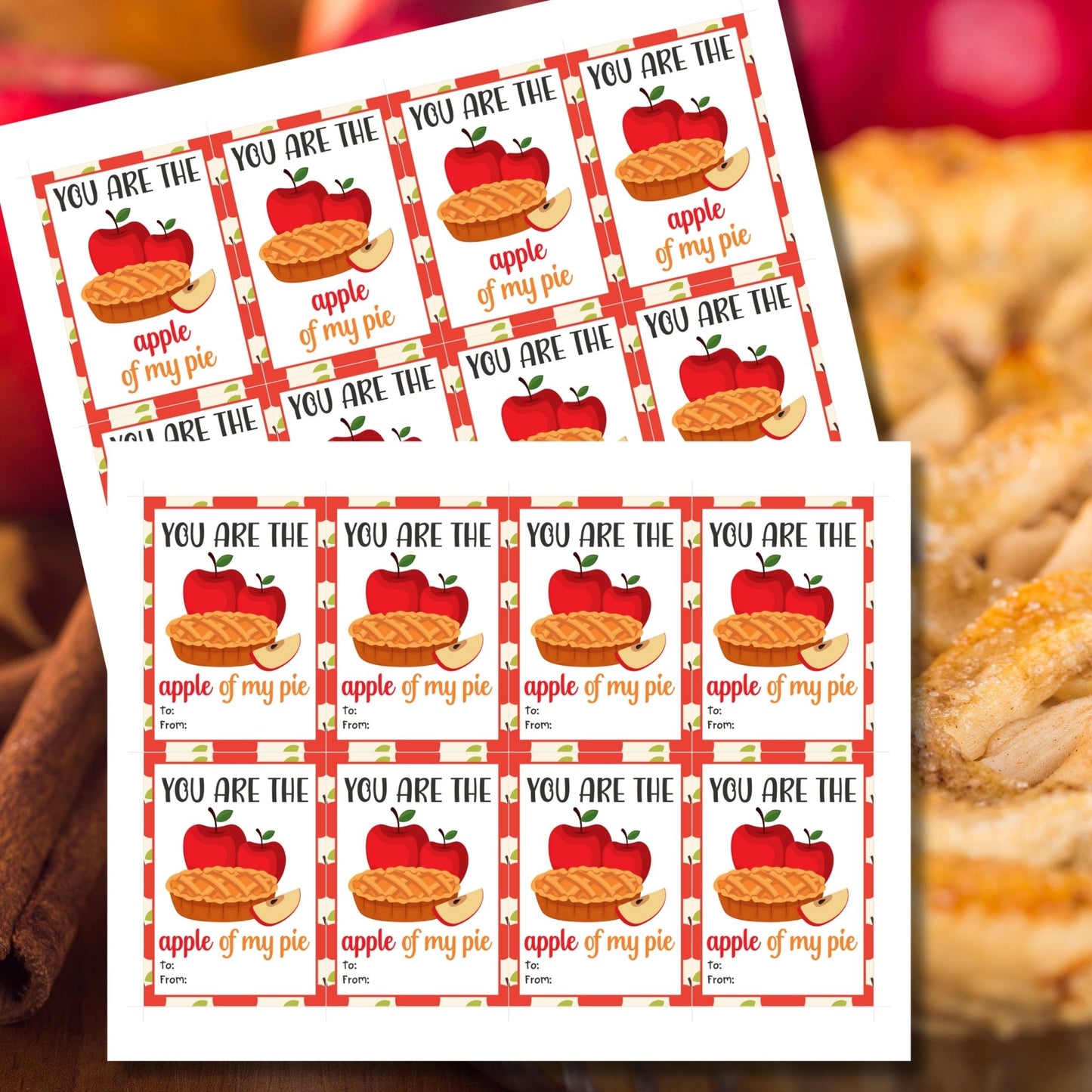 Editable apple pie-themed fall gift tags in 2.5 x 3.5 inches, 8 per sheet, available as printable and customizable PDFs.