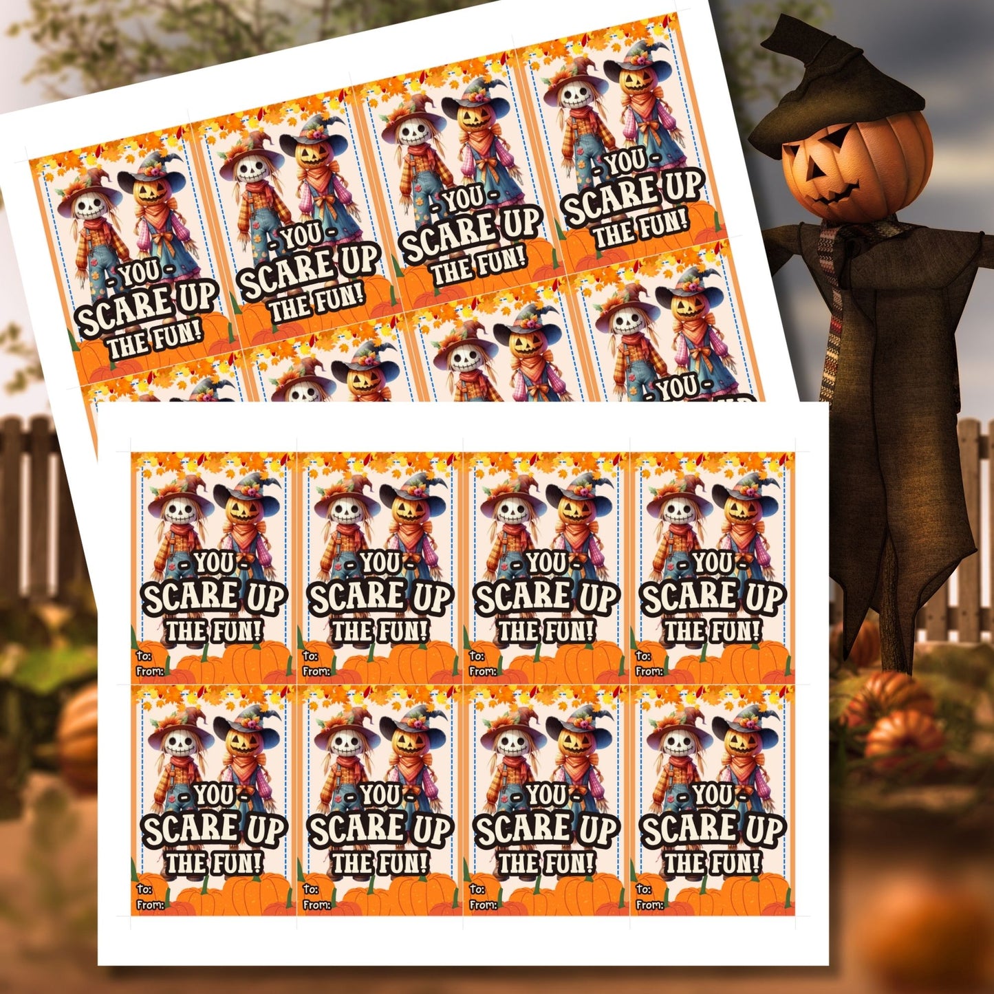Editable scarecrow-themed fall gift tags with the message 'You Scare Up the Fun!' in 2.5 x 3.5 inches, 8 per sheet, available as printable and customizable PDFs