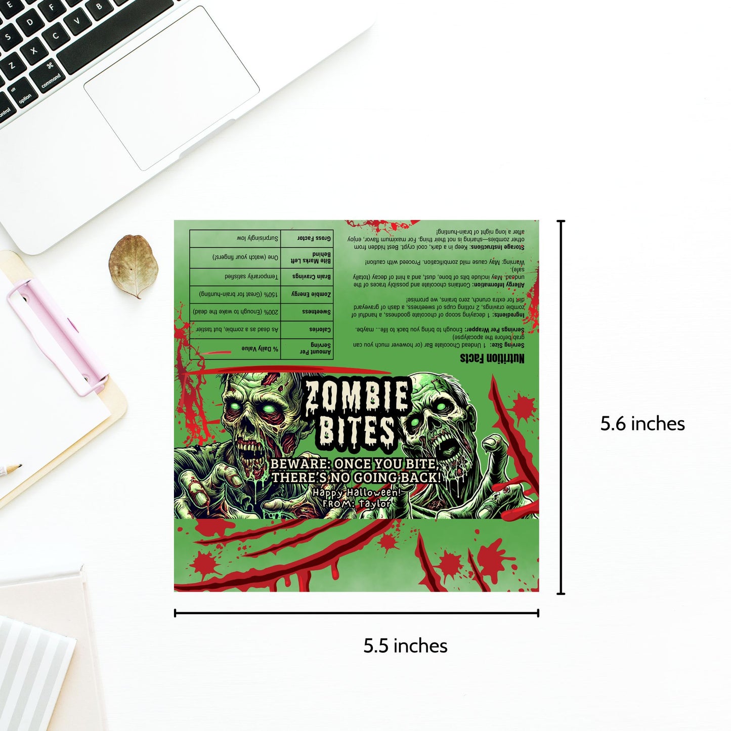 Printable and editable zombie-themed Halloween chocolate bar wrapper featuring a scary zombie design, perfect for trick-or-treat and spooky parties.