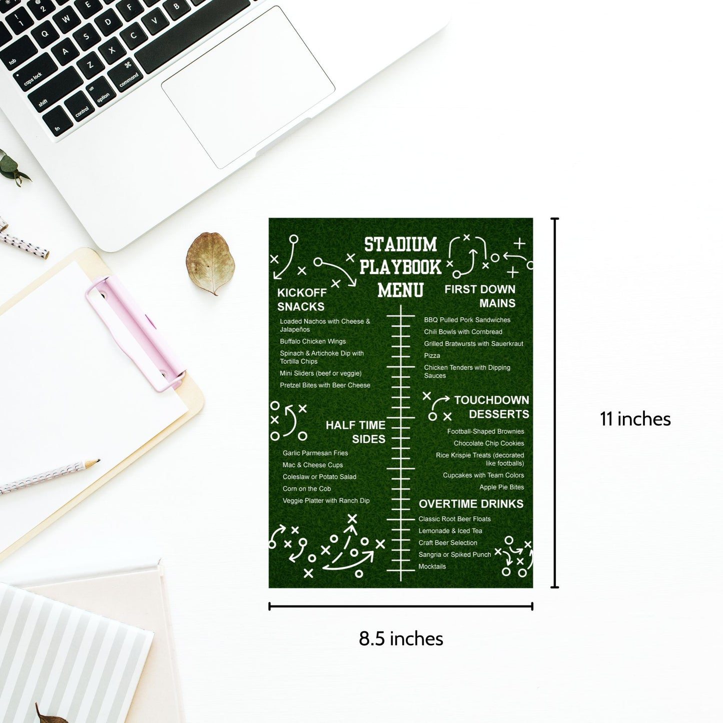 Editable Stadium Playbook Menu Template with game day sections like Kickoff Snacks, First Down Mains, and Touchdown Desserts; perfect for NFL parties, tailgates, and Super Bowl menus.