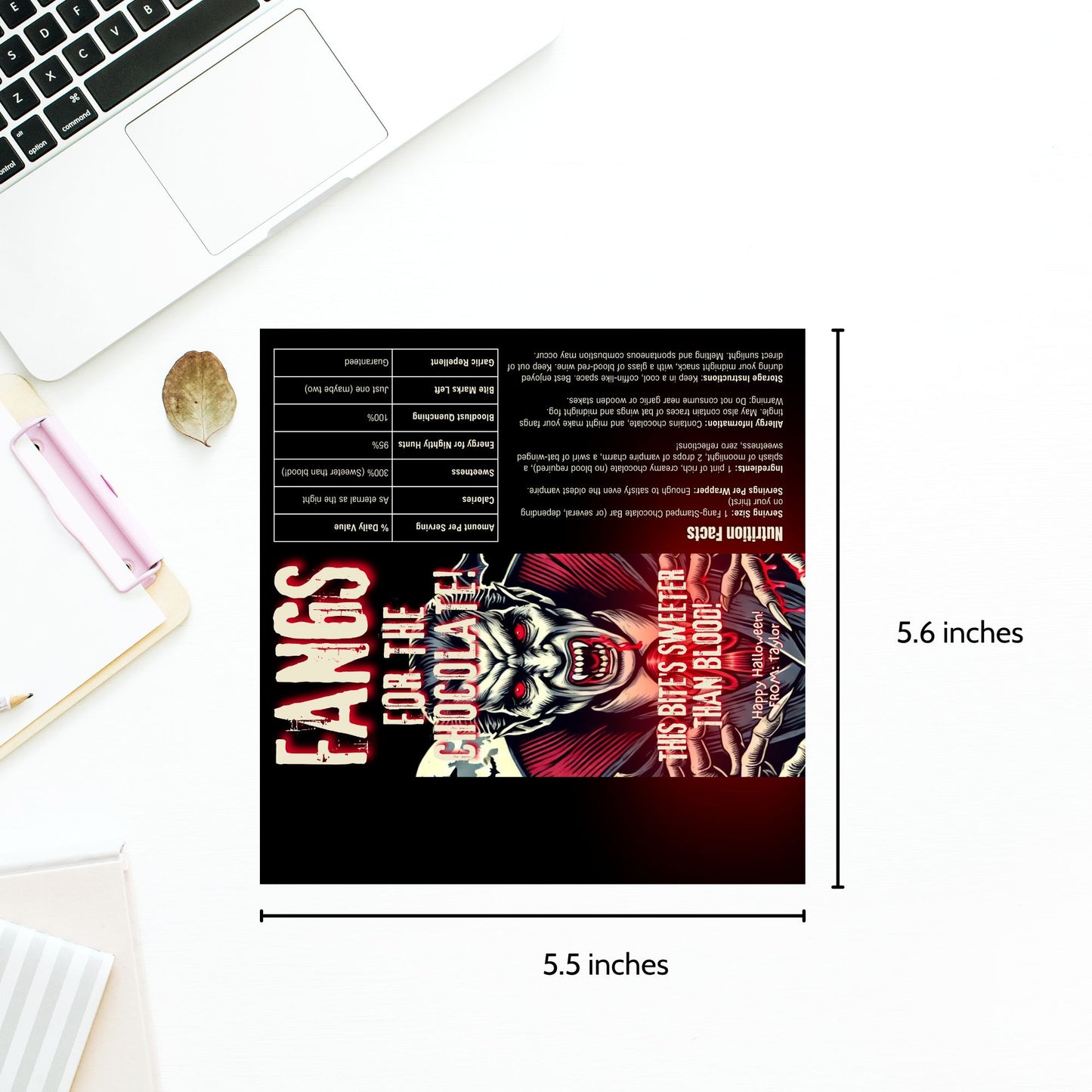 Printable and editable vampire-themed Halloween chocolate bar wrapper featuring a menacing vampire, perfect for spooky treats and Halloween parties.