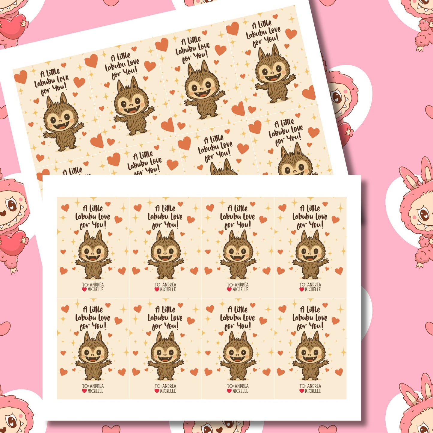 Two sheets of stickers with cartoon characters and text on a pink background with cartoon characters.