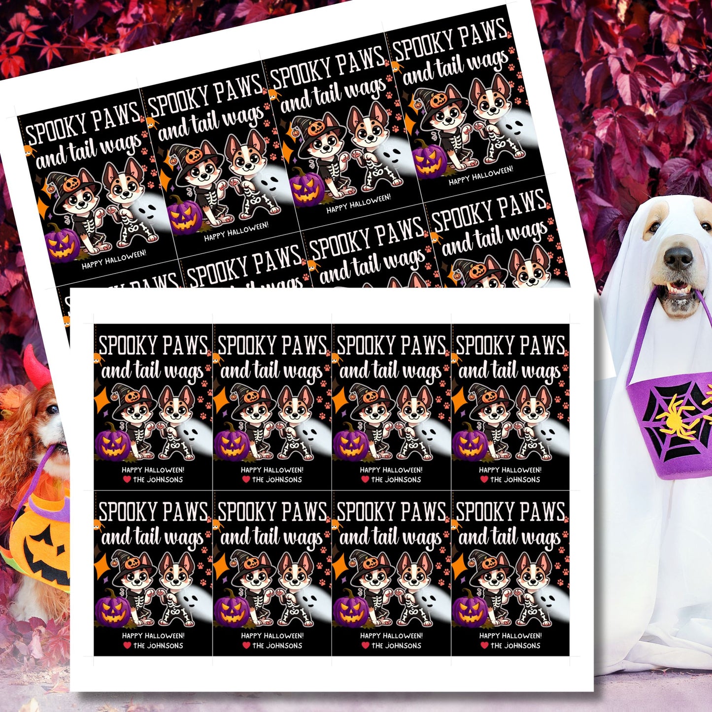 Dog-themed printable Halloween gift tags featuring two dogs in skeleton costumes and pumpkins with the message "Spooky Paws and Tail Wags!" Tags are 2.5 x 3.5 inches, laid out 8 per sheet on an 8.5 x 11-inch page. Includes a printable PDF and a PDF with a link to an editable Canva template.