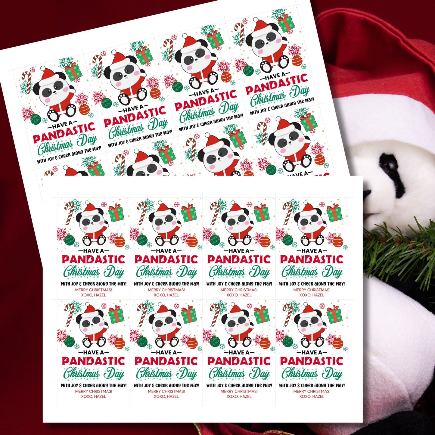 Panda-themed Christmas gift tags featuring a festive panda with holiday decorations and the message 'Have a Pandastic Christmas Day.' Perfect for adding a cute and cheerful touch to holiday presents.