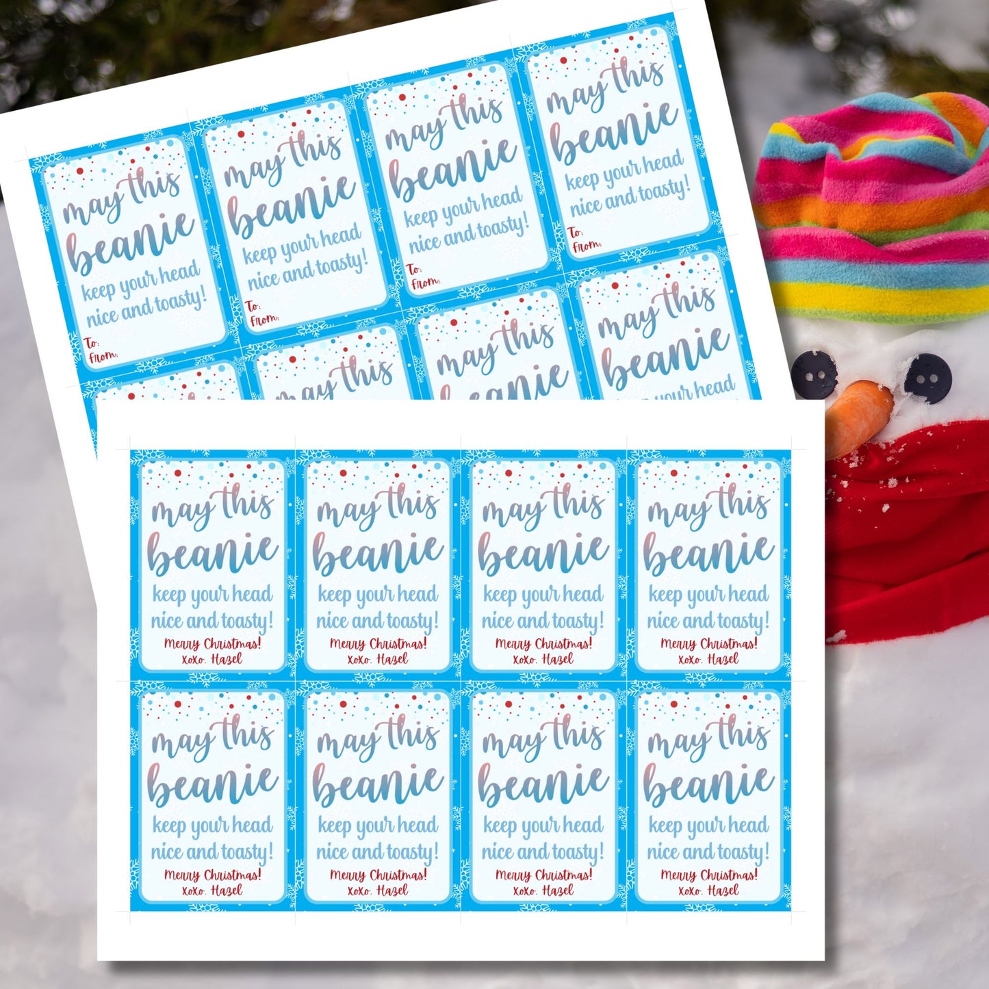 Holiday gift tags with a snowflake design for beanies or winter accessories, featuring the message "May This Beanie Keep Your Head Nice and Toasty." Includes printable PDF and editable Canva template.