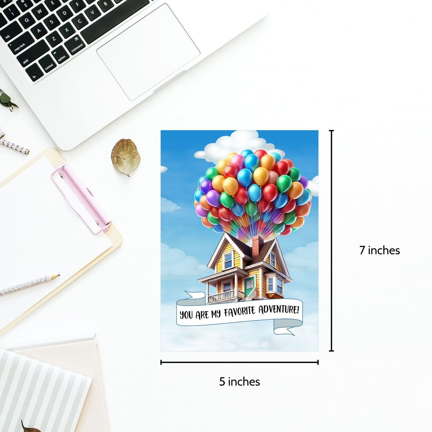 Up movie-inspired printable Valentine’s Day Greeting Card featuring the pun “You Are My Favorite Adventure,” designed as a 5x7 PDF on an 8.5 x 11 sheet with two cards per page. Perfect for gifting to someone special.