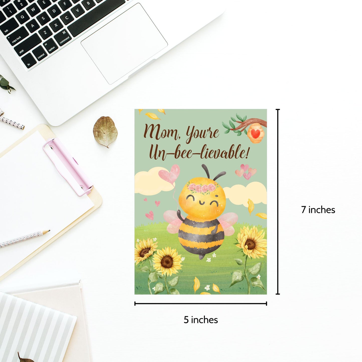 Printable 5x7 Mother’s Day card with a bee illustration and the message “Mom, You’re Unbeelievable,” featuring bright yellow and pastel colors, available as an instant download PDF.