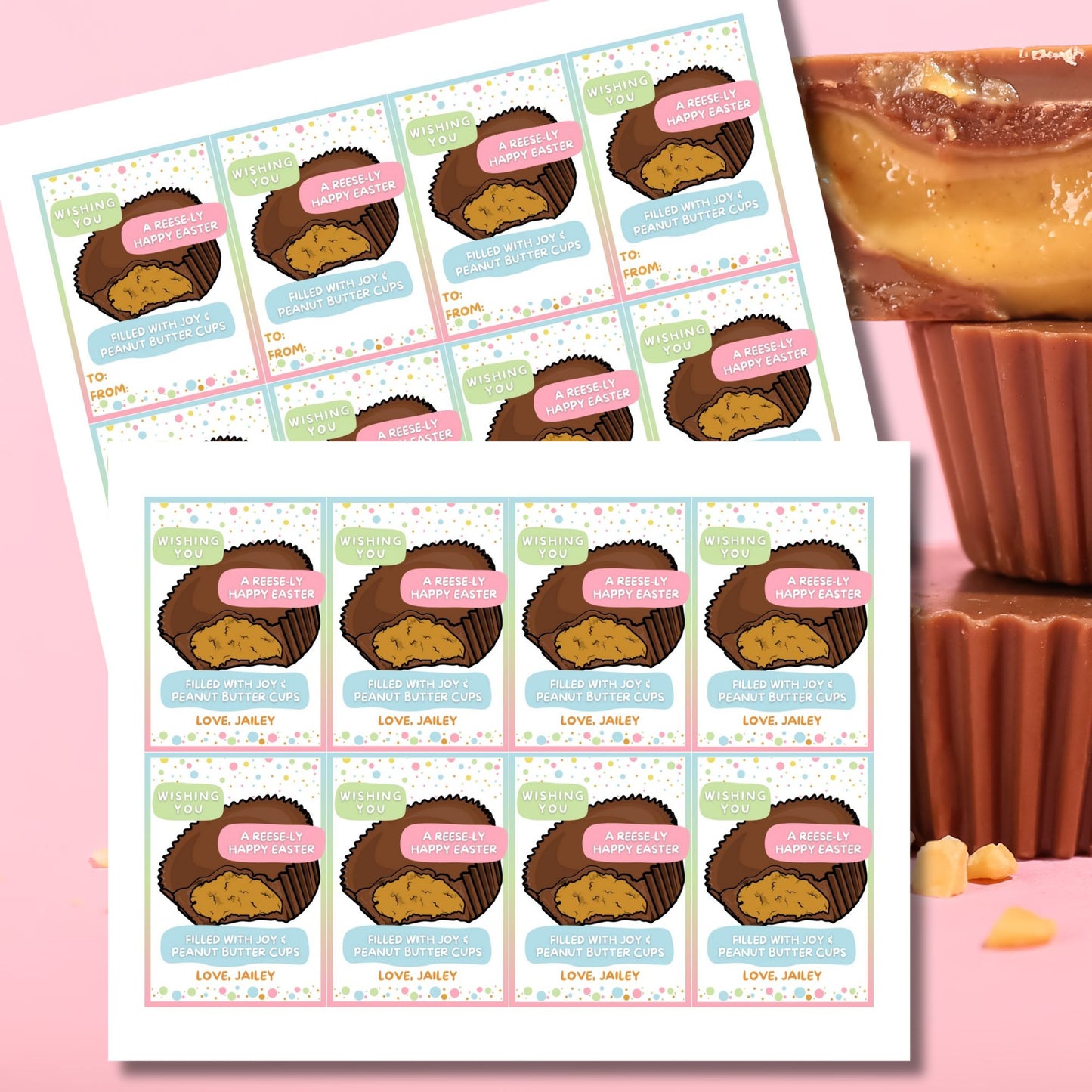 Colorful Easter-themed printable gift tags attached to peanut butter chocolate cups, featuring playful bunny illustrations and the cheerful message 'Wishing You a Hoppy Easter!