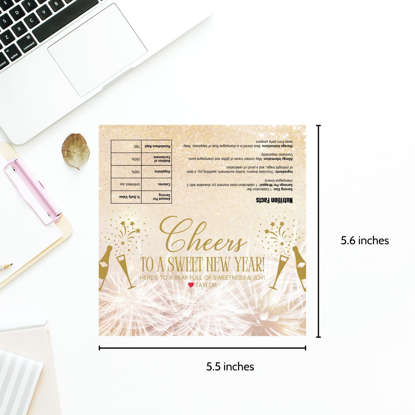 A vibrant New Year chocolate bar wrapper with celebratory designs and customizable text, perfect for adding a personal touch to New Year’s Eve celebrations or party favors.