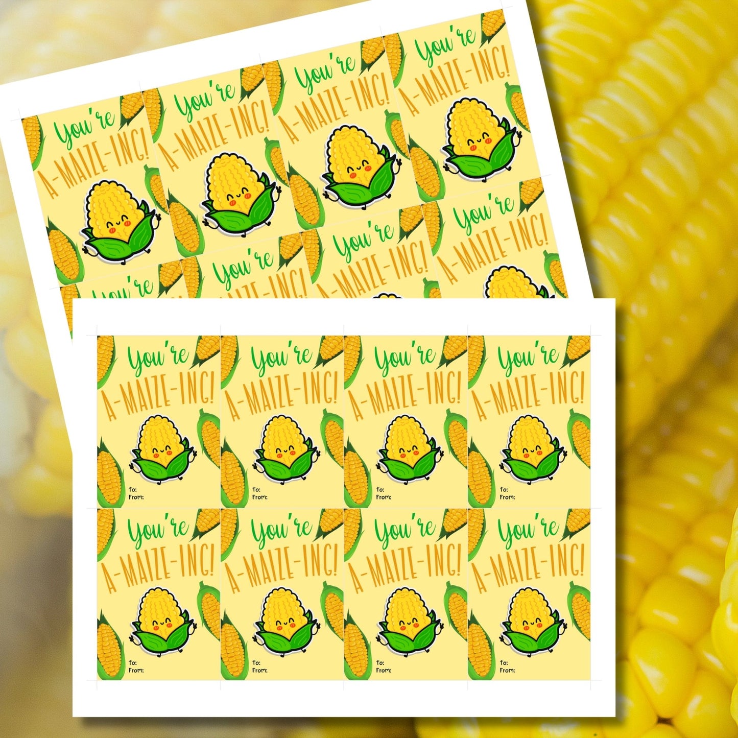 Editable corn-themed fall gift tags with the message 'You're A-MAIZE-ING!' in 2.5 x 3.5 inches, 8 per sheet, available as printable and customizable PDFs.