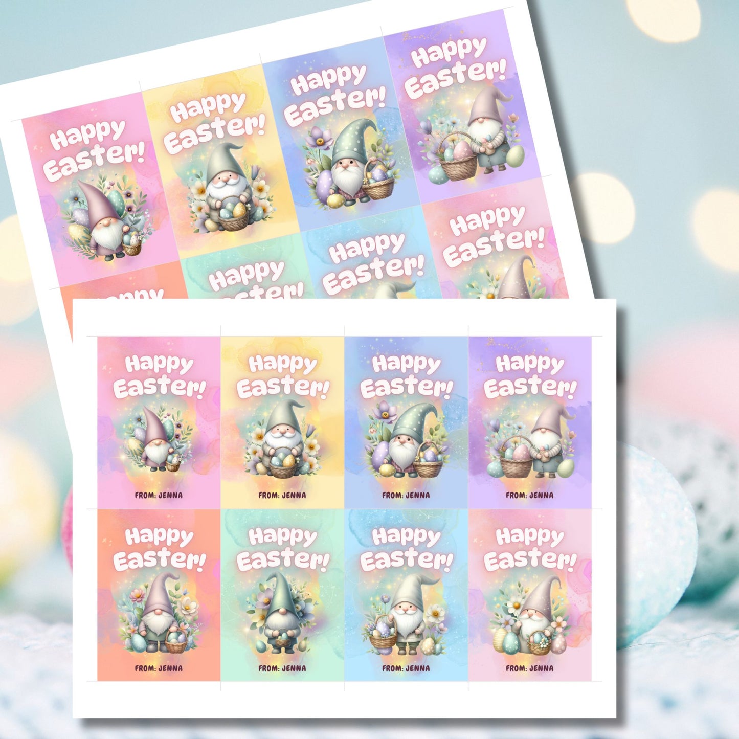 Colorful Easter gift tags with cute gnome designs, ready for personalization and printing, set against a vibrant pastel background.