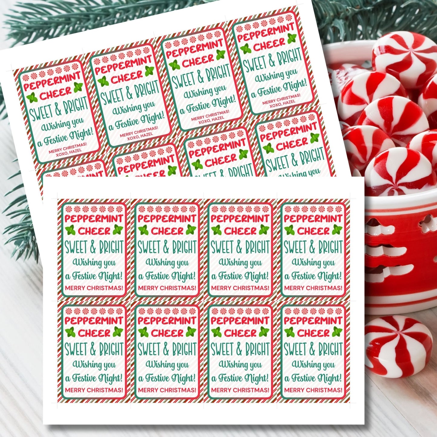 Printable Christmas gift tags with the message 'Peppermint Cheer, Sweet & Bright,' featuring a candy cane border and festive holiday design. Perfect for peppermint or candy cane gifts.