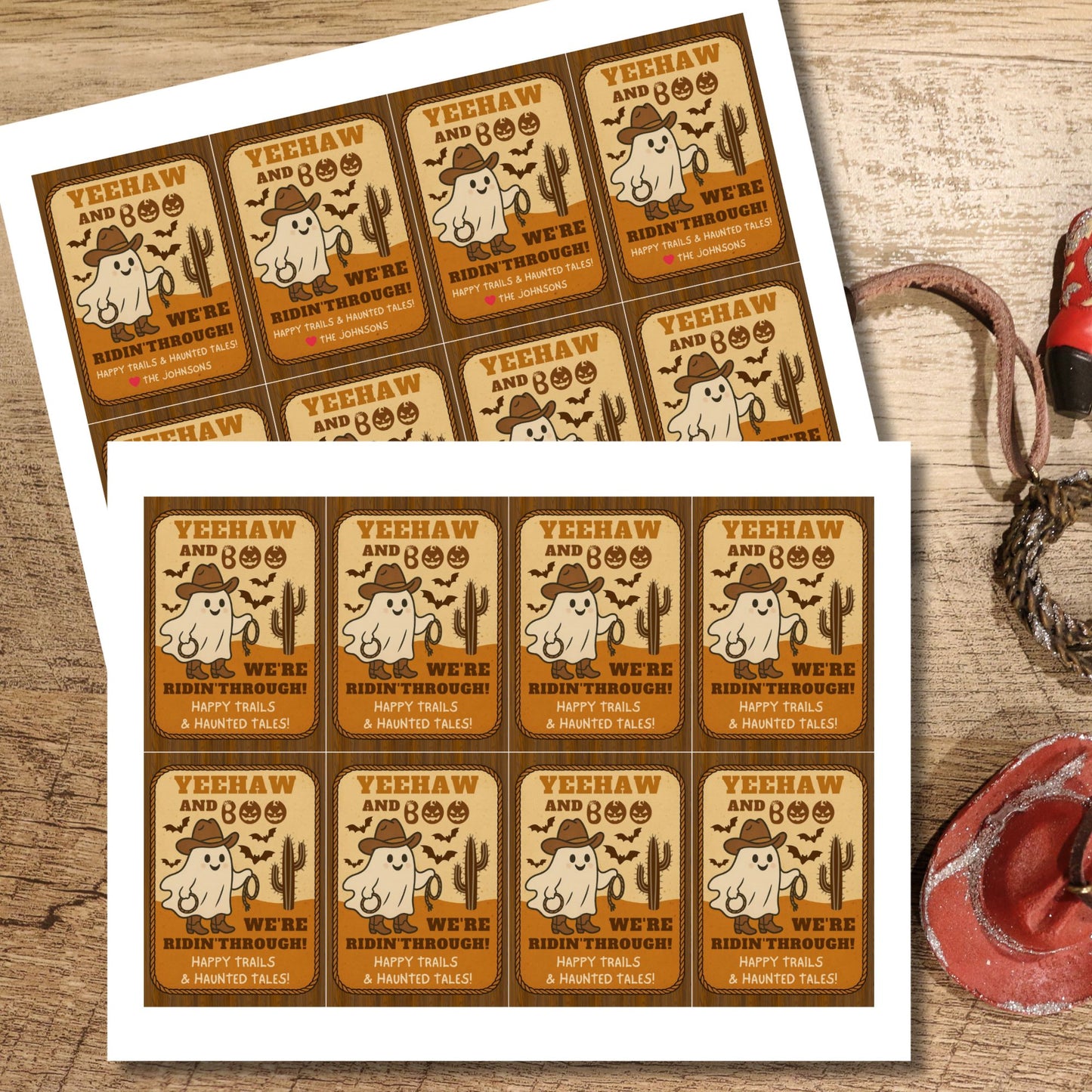 Set of stickers with cowboy-themed designs on a wooden surface