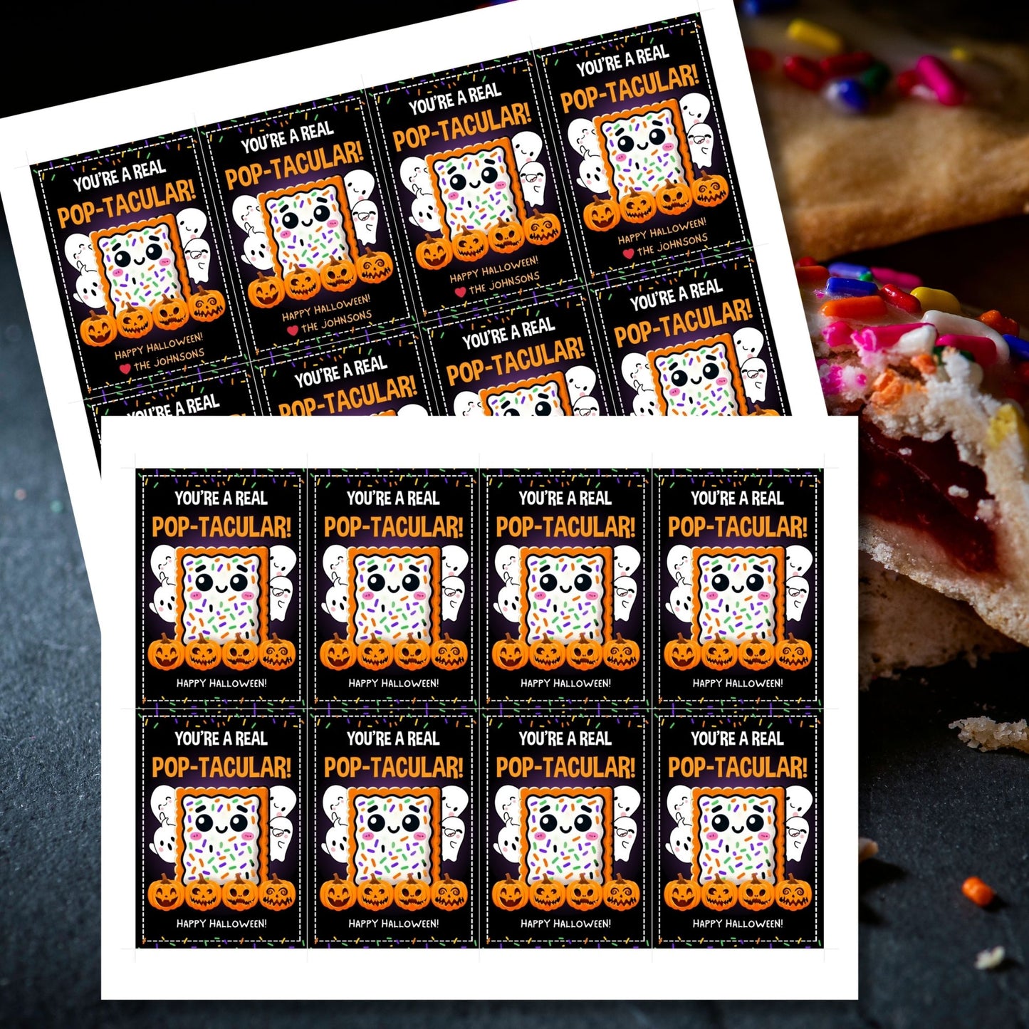 Halloween gift tag featuring a cute Pop-Tart with sprinkles, surrounded by pumpkins and ghosts, with the message 'You're a Real Pop-tacular!'