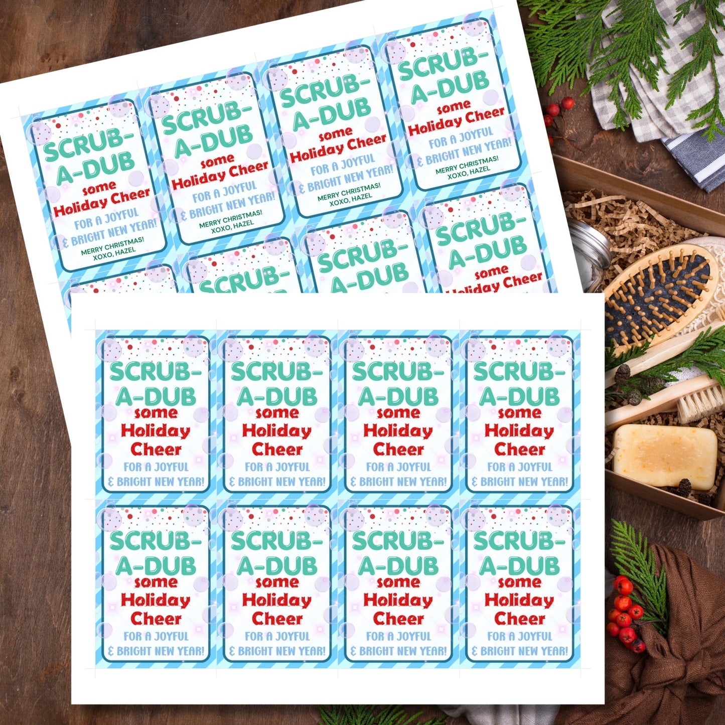 Cheerful Scrub-a-Dub-themed holiday gift tags featuring playful bubbles and a festive design, perfect for loofahs, body scrubs, or bath set gifts.