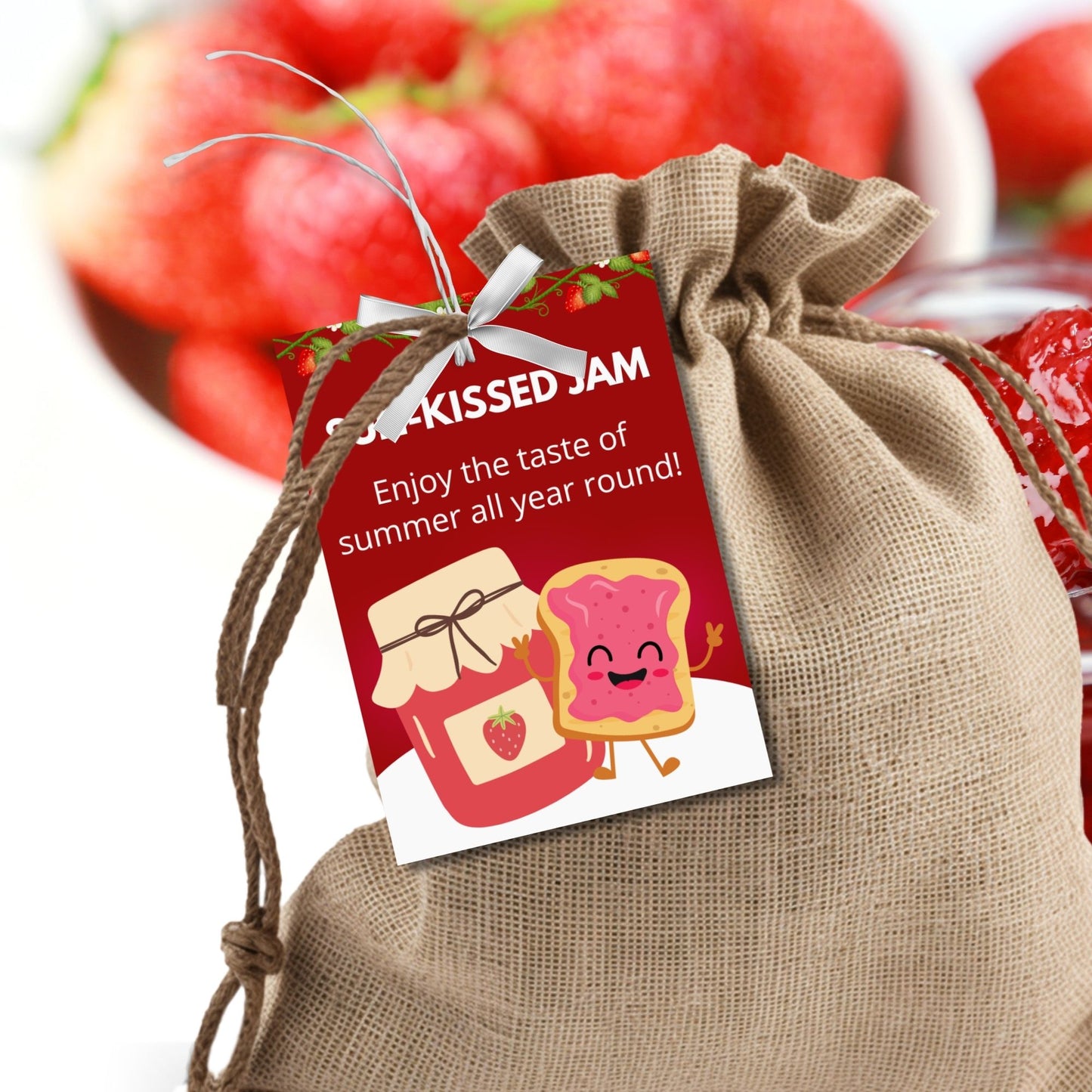 Charming gift tags featuring a colorful jam and toast design with the text "Sun-Kissed Jam. Enjoy the taste of summer all year round!" Personalize with names and messages.