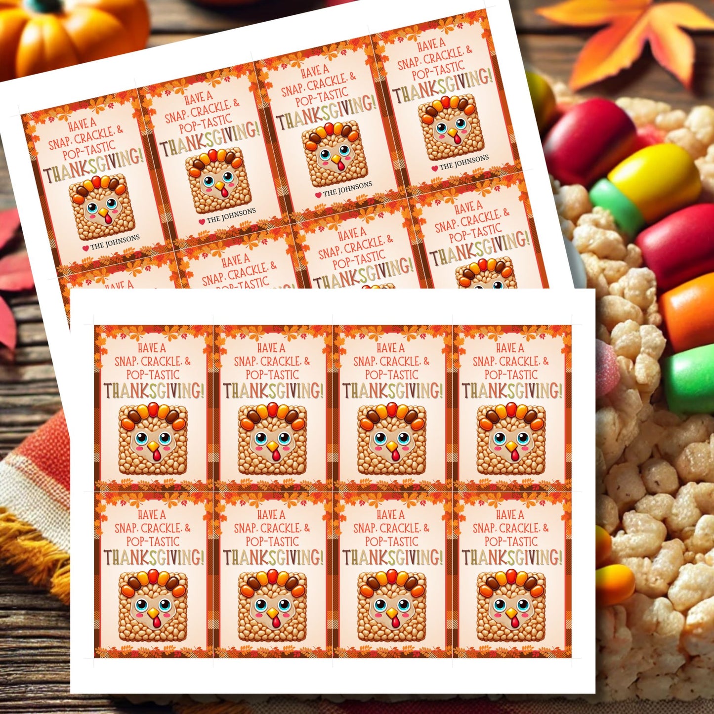 Printable Thanksgiving gift tags with a Rice Krispie turkey illustration and the message 'Have a Snap, Crackle, & Pop-tastic Thanksgiving!' surrounded by a festive fall border. Perfect for holiday treats and gifts.
