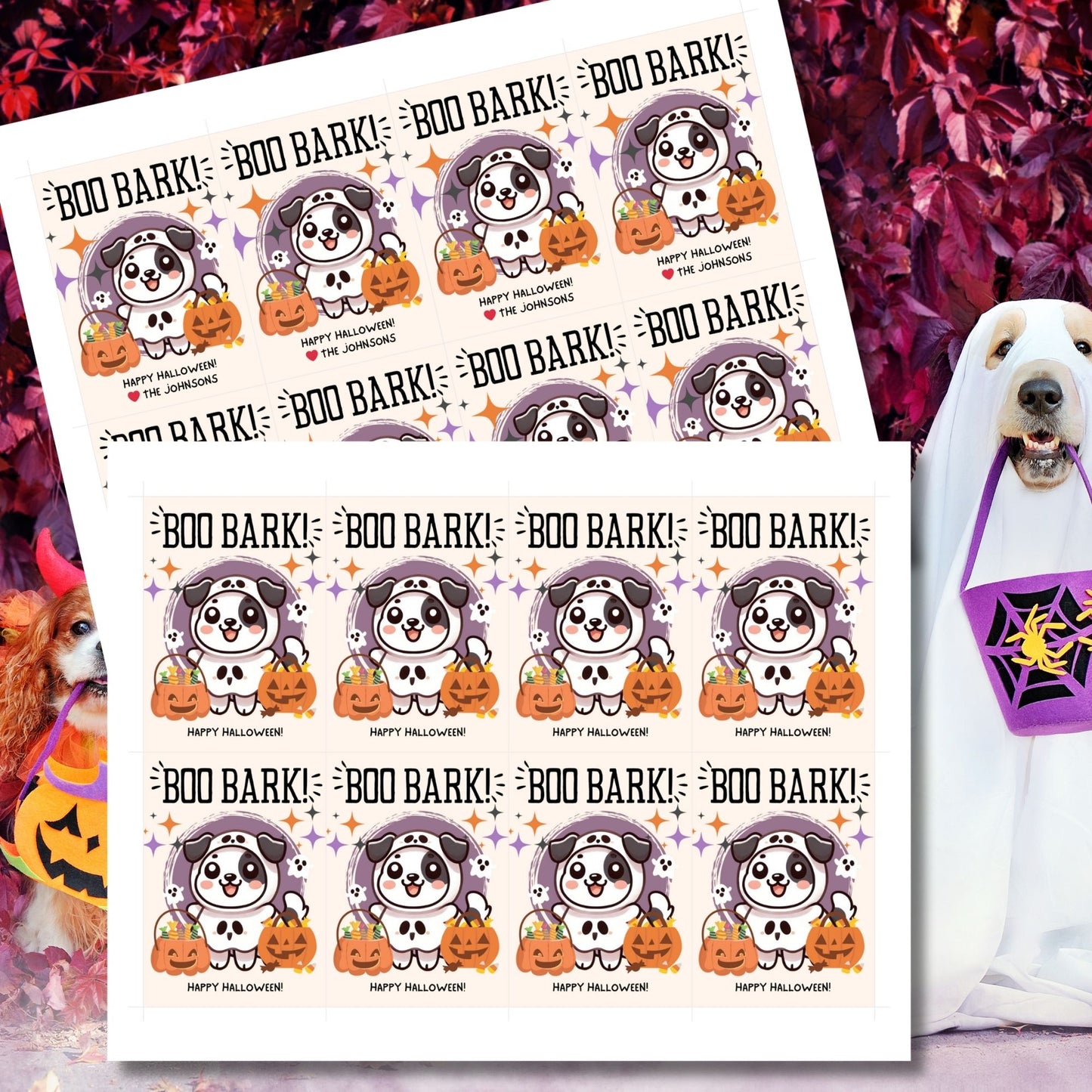 Printable Halloween gift tags featuring an adorable dog dressed in a Halloween costume with the message "Boo Bark!" Tags are 2.5 x 3.5 inches, laid out 8 per sheet on an 8.5 x 11-inch page. Includes a printable PDF and a PDF with a link to an editable Canva template.
