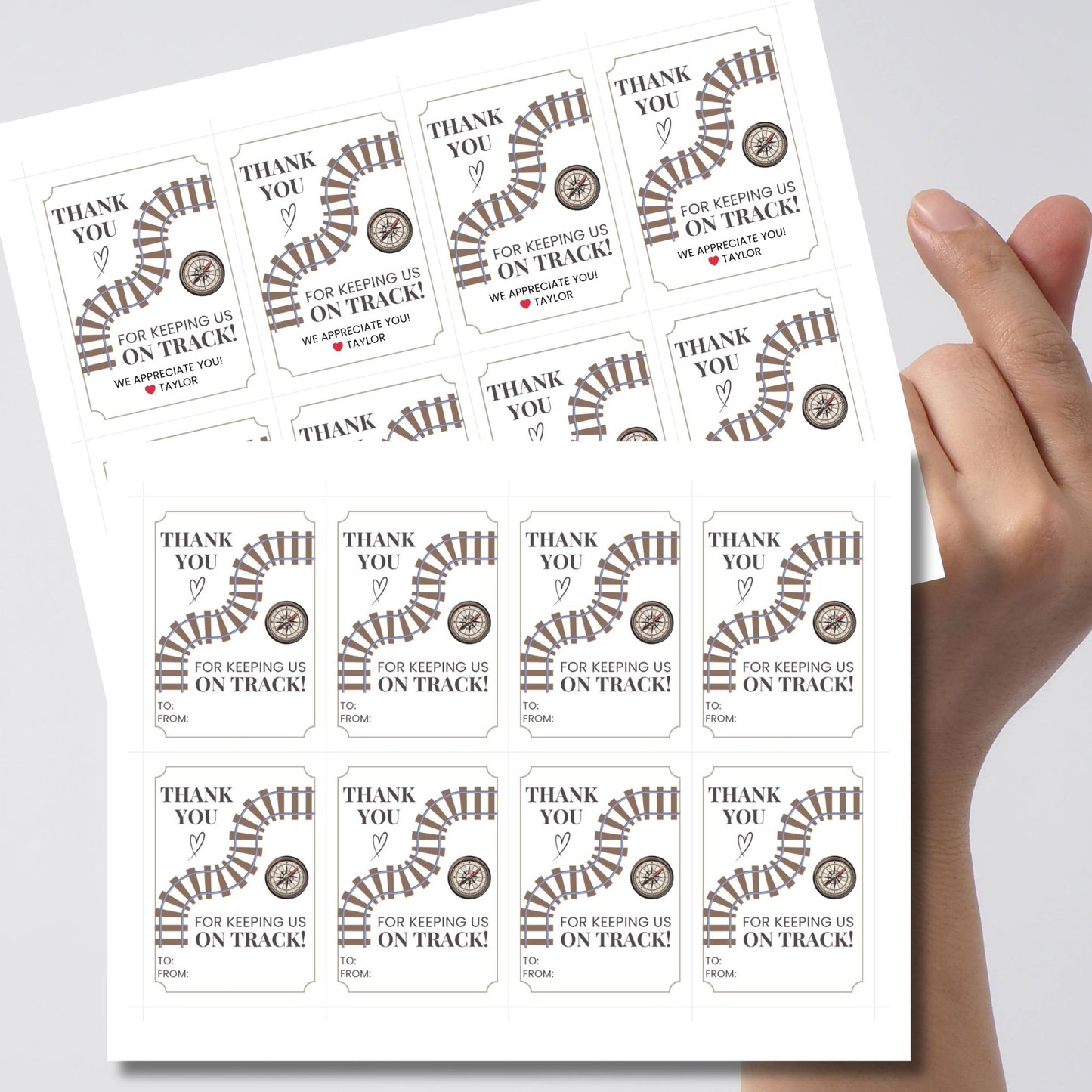 Editable National Boss's Day gift tags with a train track and compass design featuring the message "Thank You for Keeping Us on Track!" Each tag is 2.5 x 3.5 inches, 8 per sheet.