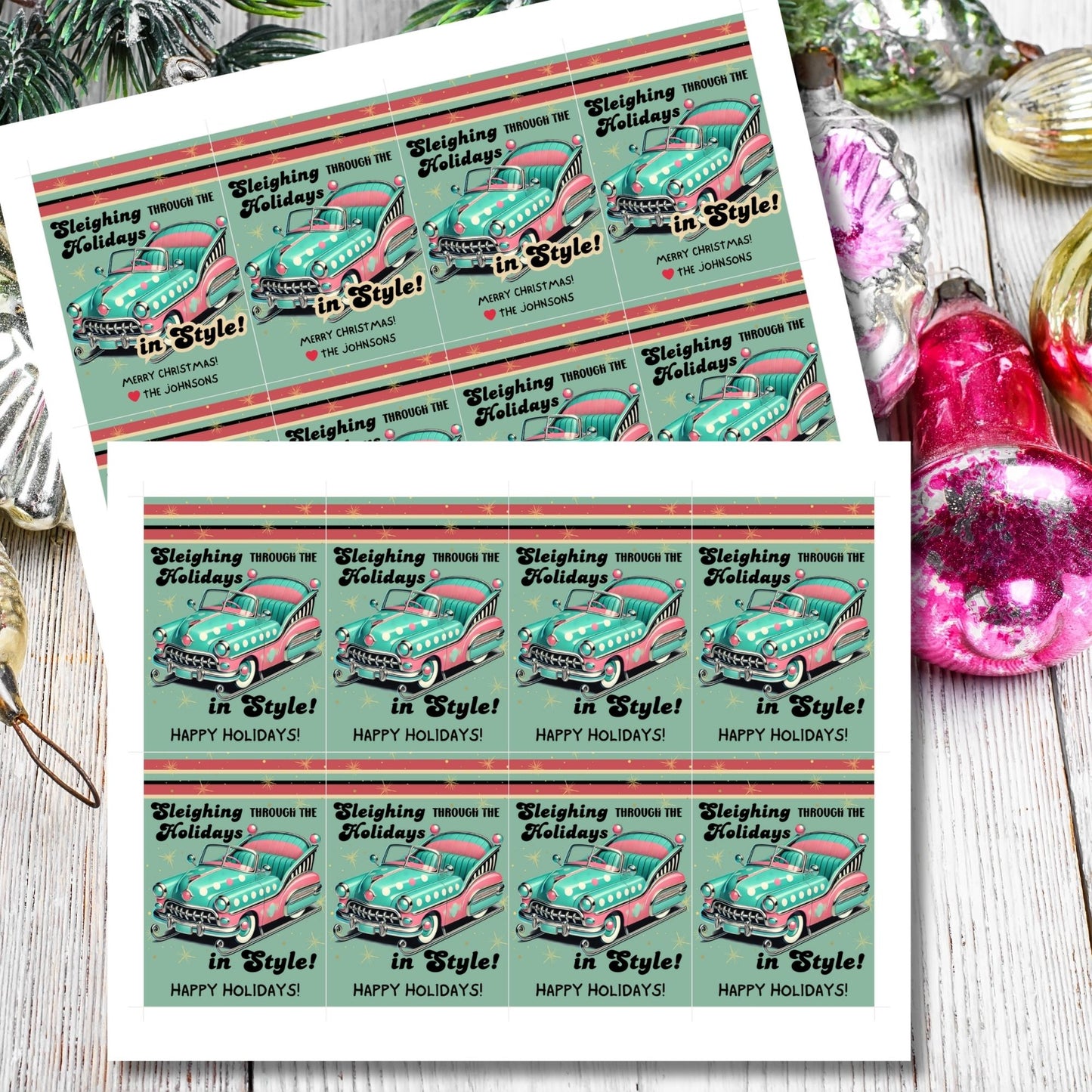 Retro-inspired Christmas gift tags featuring a vintage car with holiday decorations and the message "Sleighing Through the Holidays in Style!" These printable and editable tags add a nostalgic, stylish touch to holiday gifts.