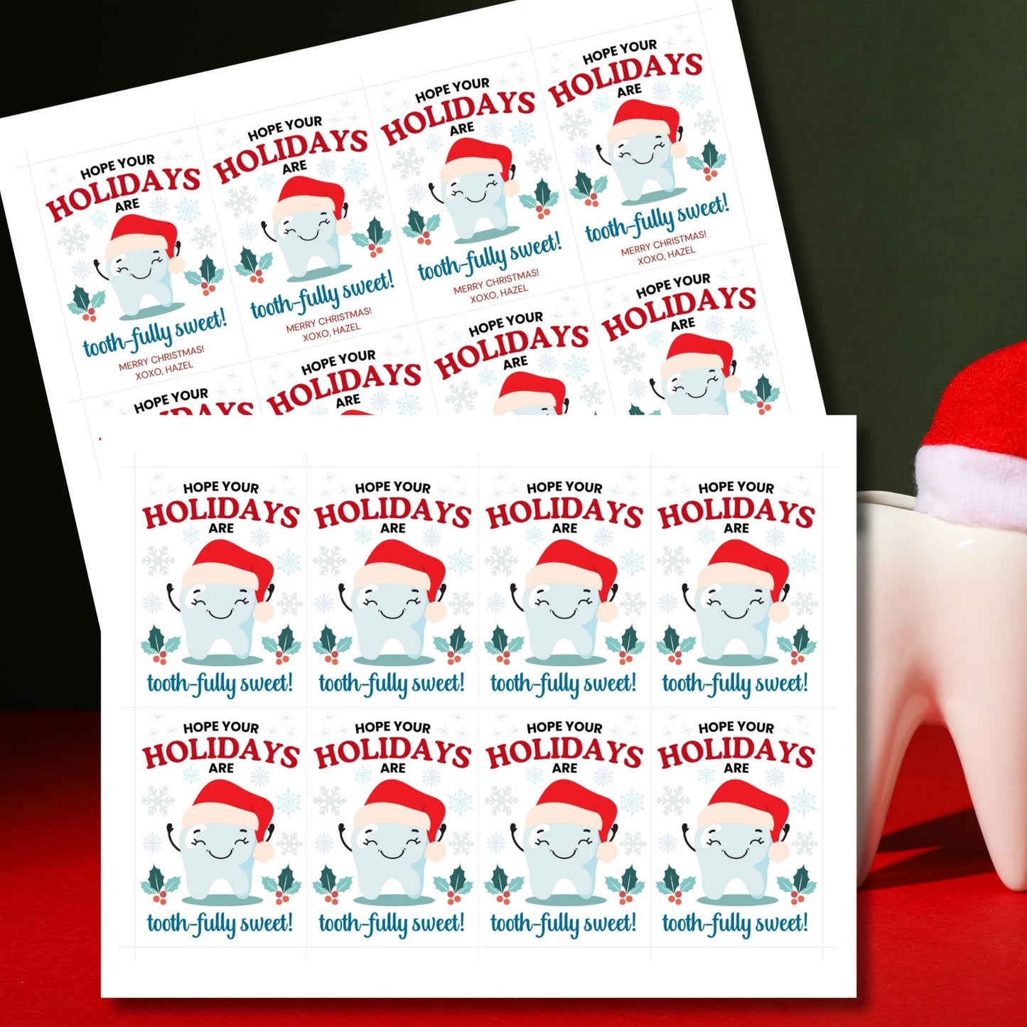 A festive gift tag featuring a cute tooth character in a Santa hat, with holly and snowflakes, perfect for dentist-themed holiday gifts.
