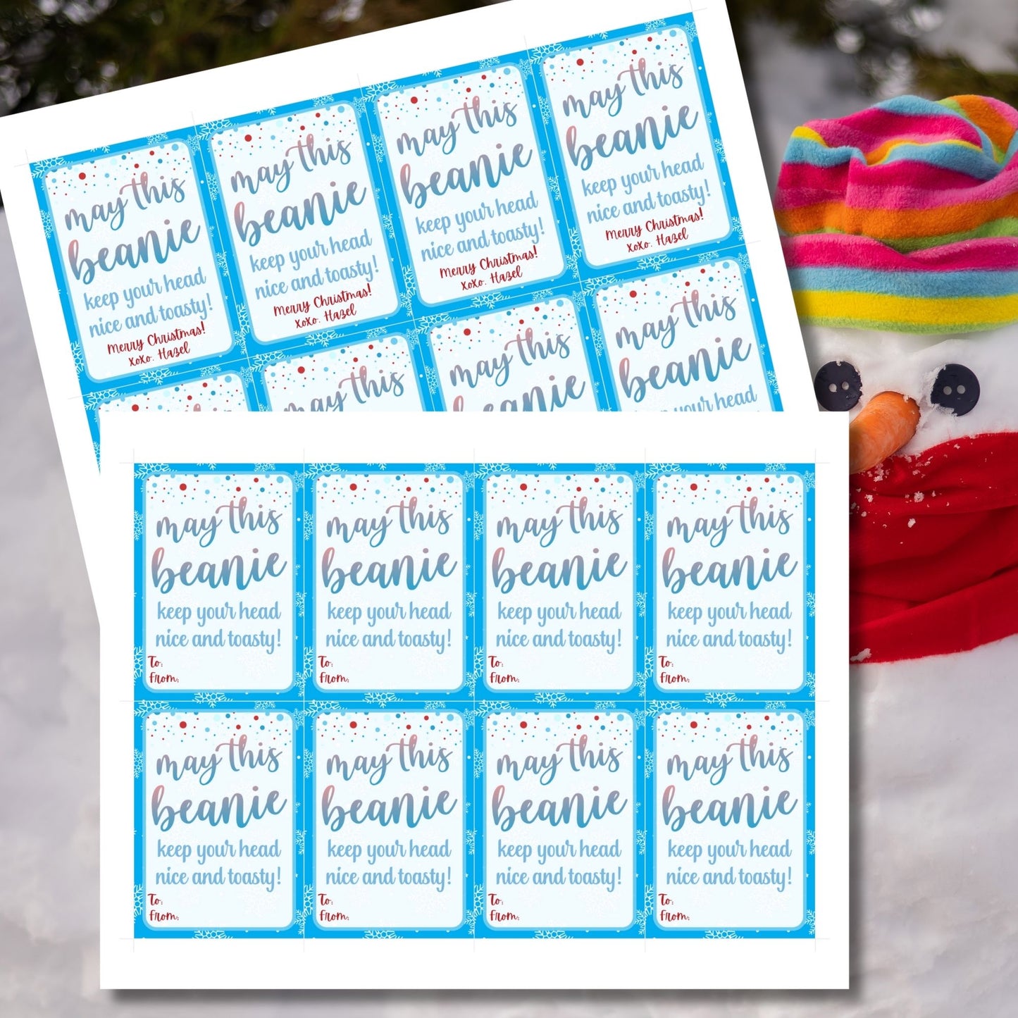 Holiday gift tags with a snowflake design for beanies or winter accessories, featuring the message "May This Beanie Keep Your Head Nice and Toasty." Includes printable PDF and editable Canva template.