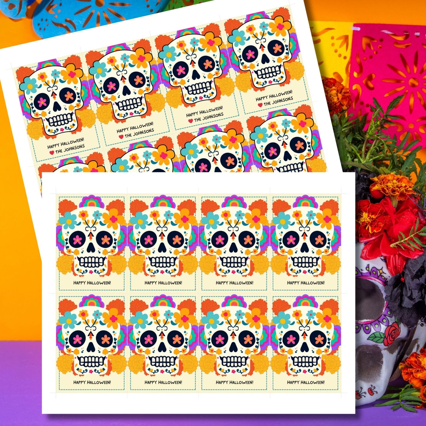 Vibrant Día de los Muertos and Halloween gift tag featuring a colorful sugar skull with floral designs. Ideal for customizable and printable gift tags.