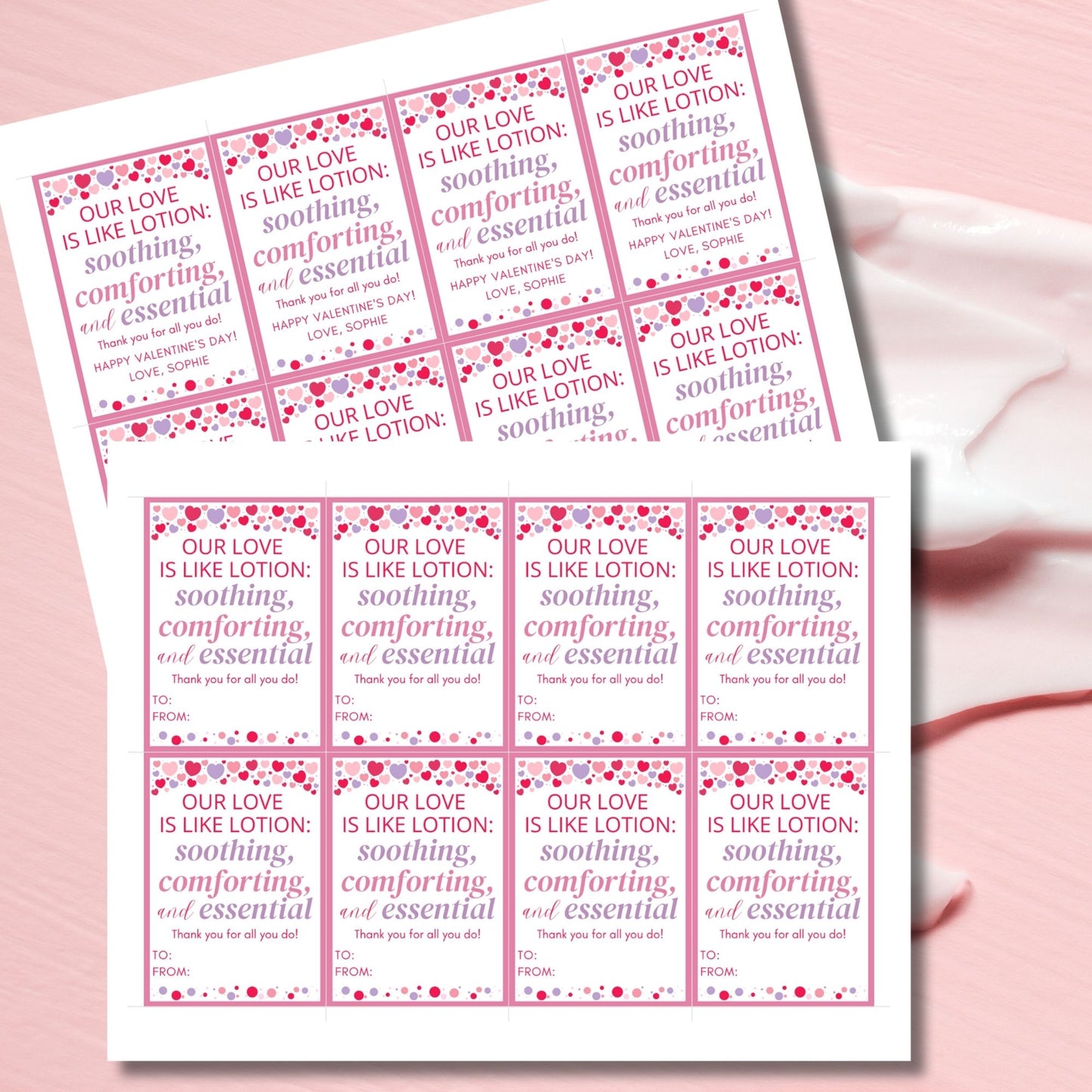Printable and editable Valentine’s Day gift tags featuring the message "Our Love is Like Lotion – Soothing, Comforting, and Essential." Perfect for pairing with lotion gifts for teachers, employees, and nurses.
