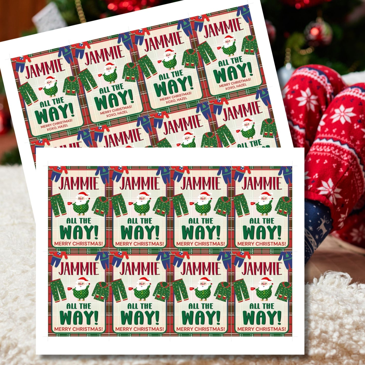 Holiday gift tags with a "Jammie All the Way!" theme, ideal for attaching to pajama gifts, featuring festive holiday pajamas, Santa, and a cozy plaid background.