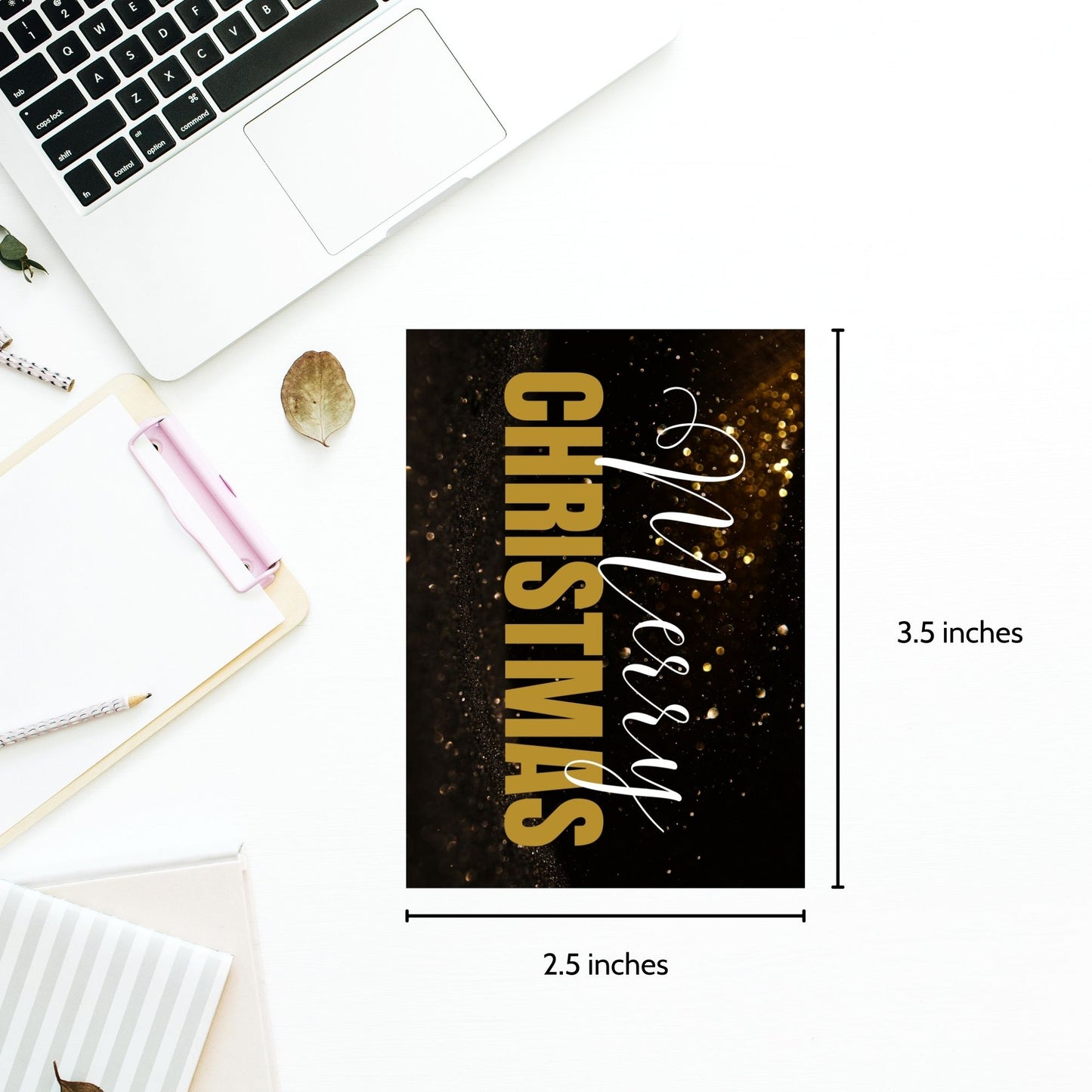 A set of ready-to-print Christmas gift tags with elegant gold and white text on a black background. The "Merry Christmas" message is paired with a sparkling gold design, adding a touch of glamour to holiday gifting. Tags are 2.5 x 3.5 inches in size, perfect for chic and classy gift wrapping.