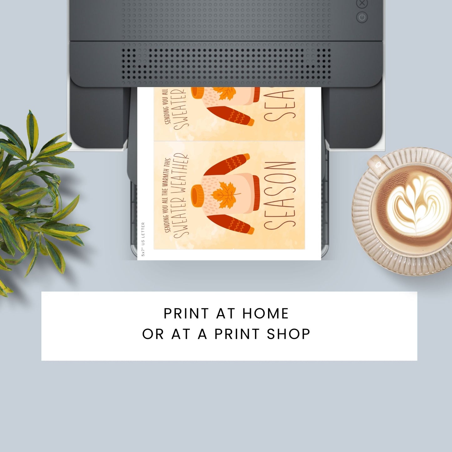 Printable Fall Greeting Card featuring a cozy sweater design with the message 'Sending You All the Warmth This Sweater Weather Season,' set on a warm autumn background.