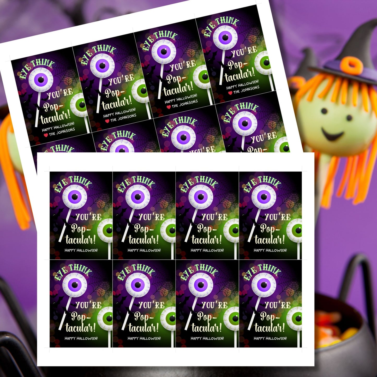 Halloween gift tag with a spooky eyeball cake pop design and the message 'Eye Think You're Pop-tacular!' for cake pop-themed treats.